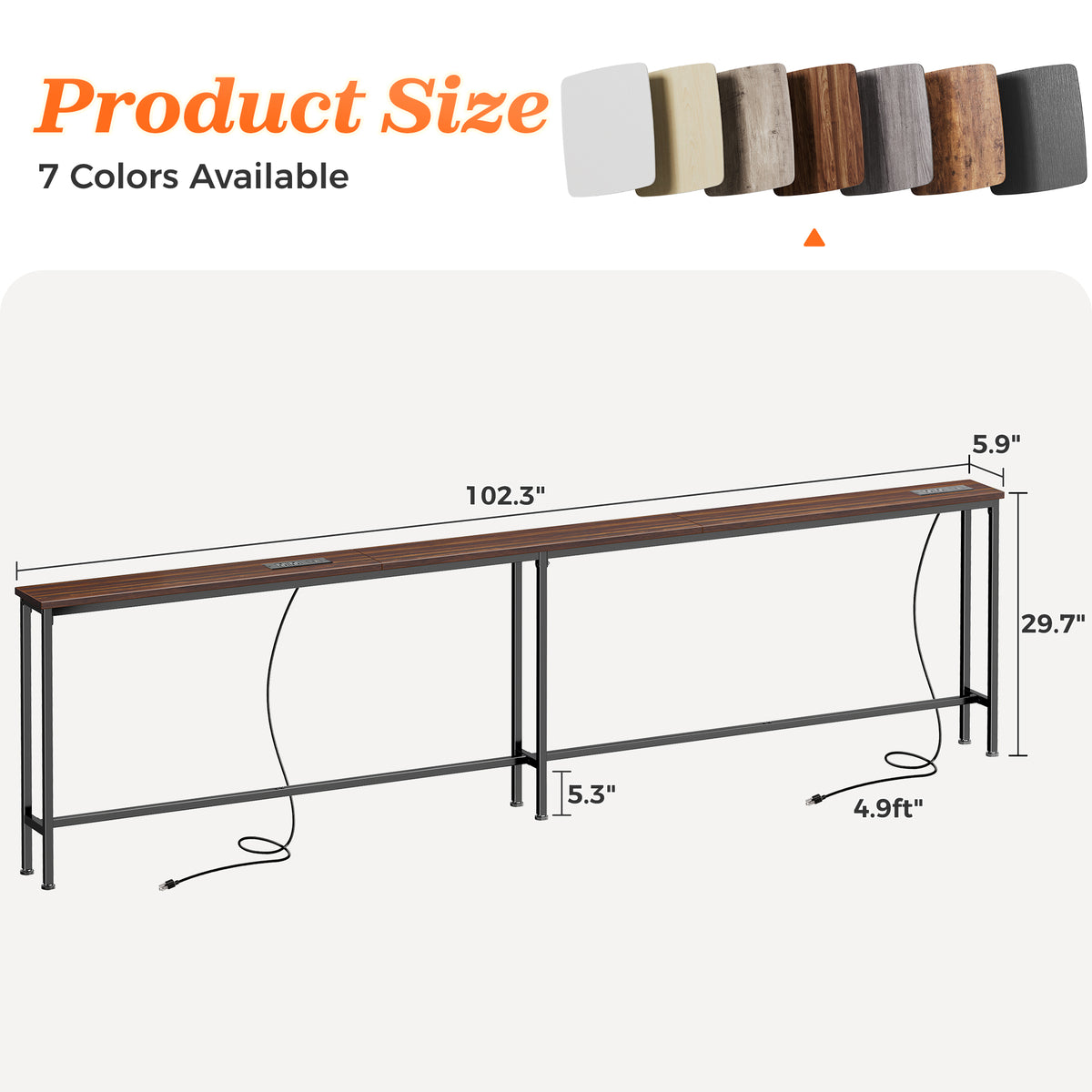 SUPERJARE 102 Inch Sofa Table with 2 Power Outlets and USB-C Ports 5.9 Inch Narrow Console Table with Storage, Extra-Long, for Entryway Hallway Couch Behind Sofa, Small Spaces, Walnut