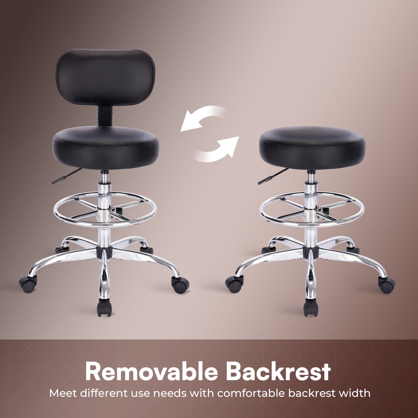 SUPERJARE Drafting Chair with Back, Adjustable Foot Rest Rolling Stool, Multi-Purpose Office Desk Chair, Thick Seat Cushion for Home Bar Kitchen Shop - Black
