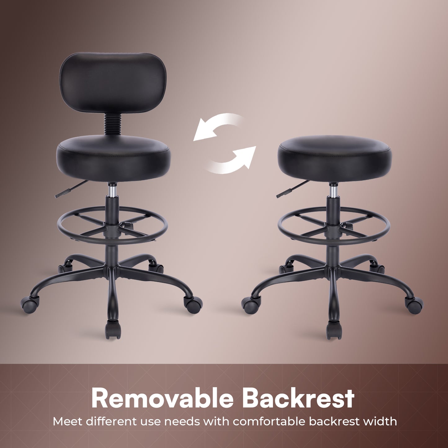 SUPERJARE Drafting Chair with Back, Adjustable Foot Rest Rolling Stool, Multi-Purpose Office Desk Chair, Thick Seat Cushion for Home Bar Kitchen Shop - All Black