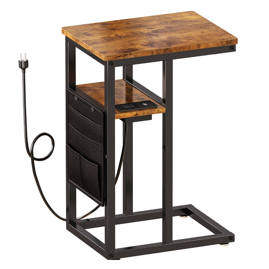 SUPERJARE C Shaped End Table with Charging Station, Side Table with Storage Bag, Couch Table, C Table with USB Port and Outlet, for Living Room, Bed Room, Rustic Brown