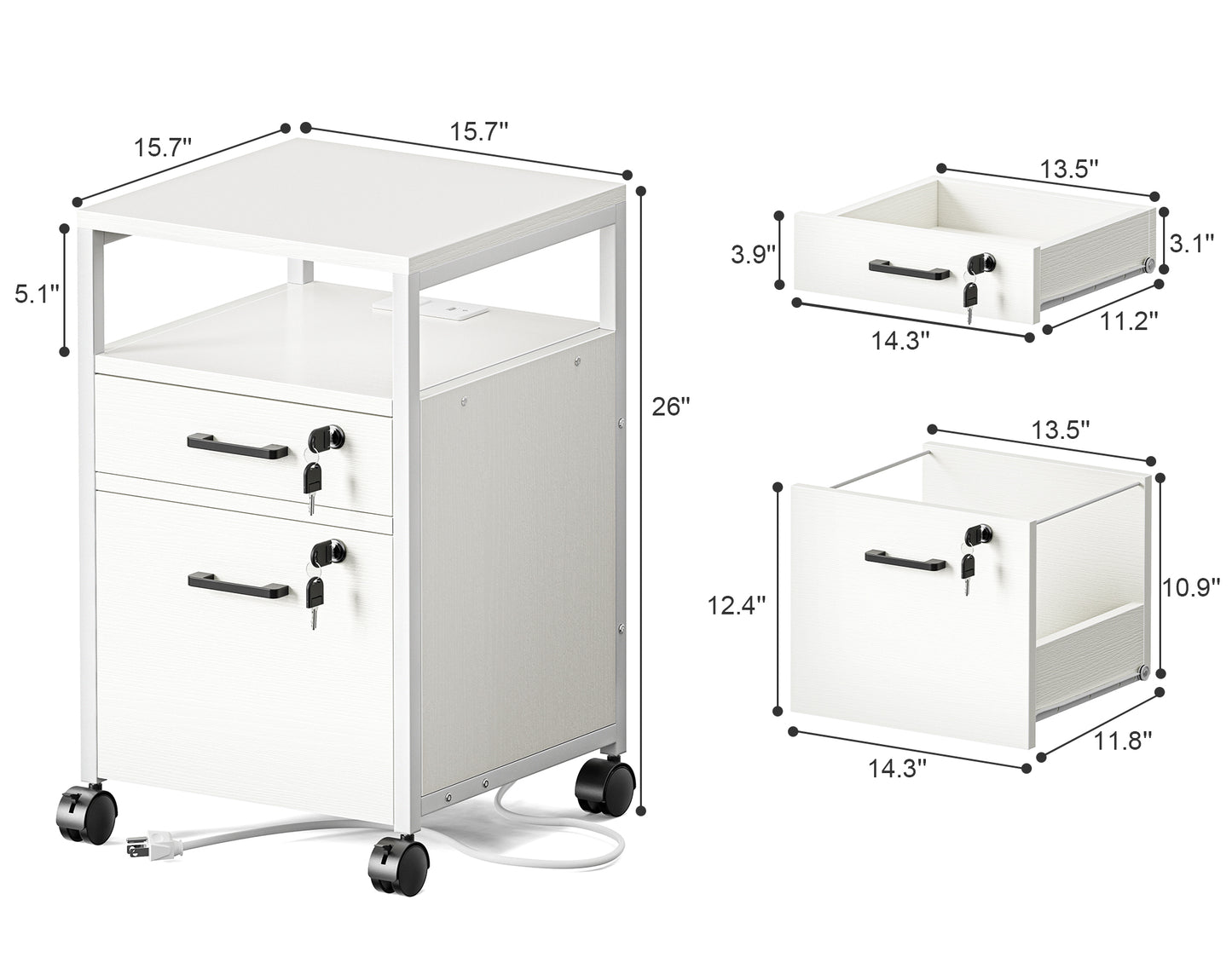 SUPERJARE File Cabinet with Lock & Charging Station, 2 Drawers Rolling Filing Cabinet, Office File Cabinet with Wheels & Open Shelf, for Home Office, A4/Letter Size Files, White