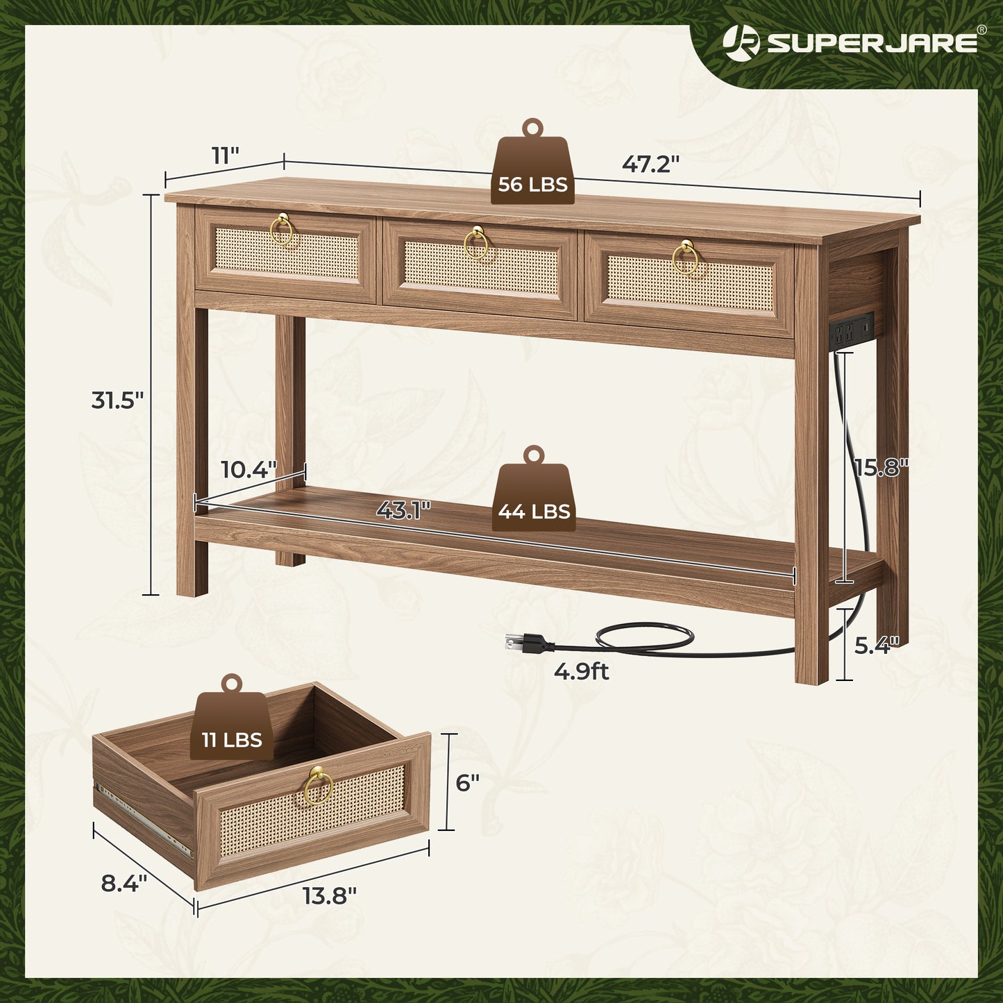 SUPERJARE Rattan Console Sofa Table with Outlets and USB-C Port, 3 Drawer Entryway Table with Synthetic Rattan Surface, Open Shelf, Behind Couch Entry Foyer Hallway Storage, Brown