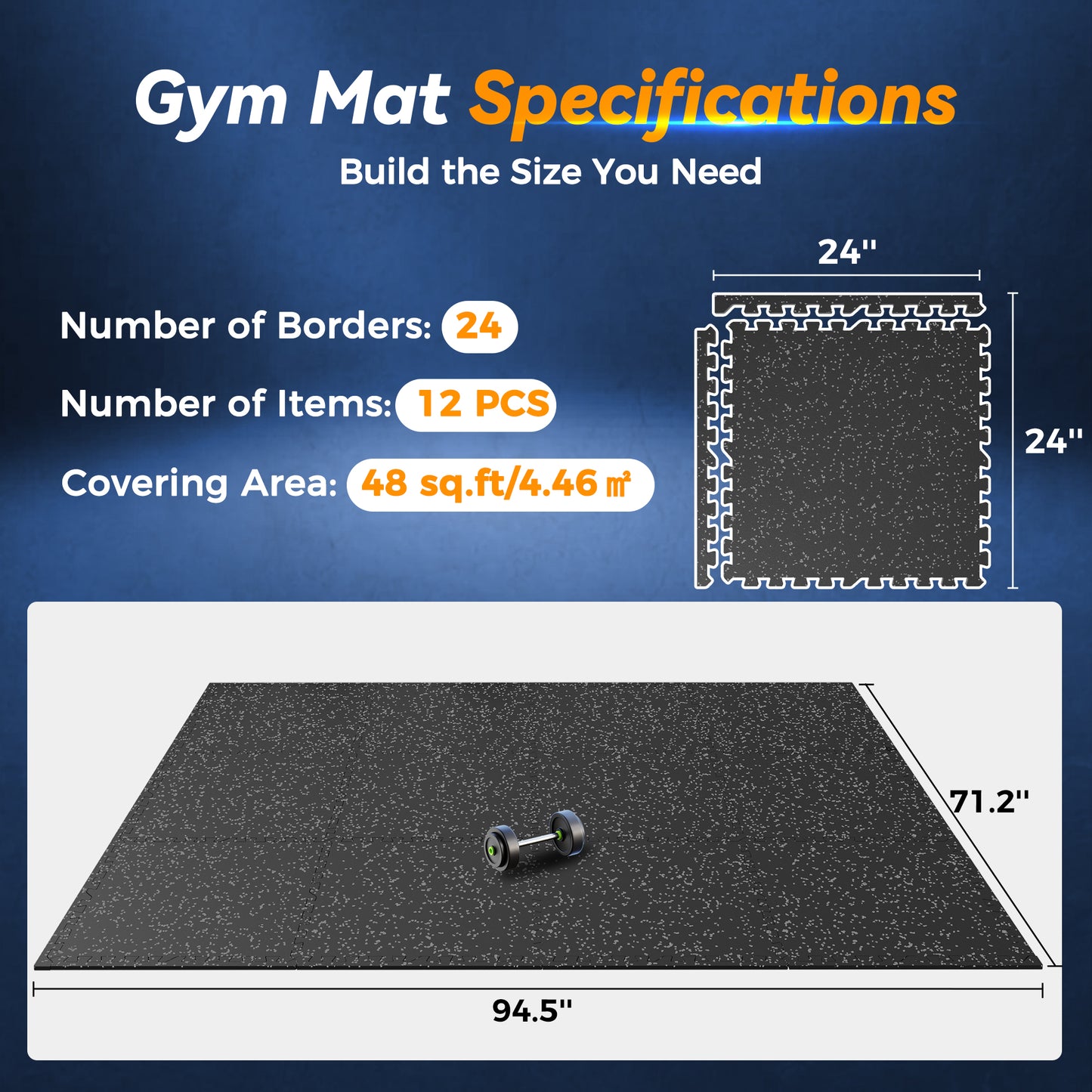 SUPERJARE 1" Extra-Thick Rubber Top Exercise Mat, Gym Flooring for Home Gym Puzzle Gym Mat for Workout Equipment, Interlocking Floor Tiles with EVA Foam, 12 Pcs 48 Sq Ft, Black/Grey