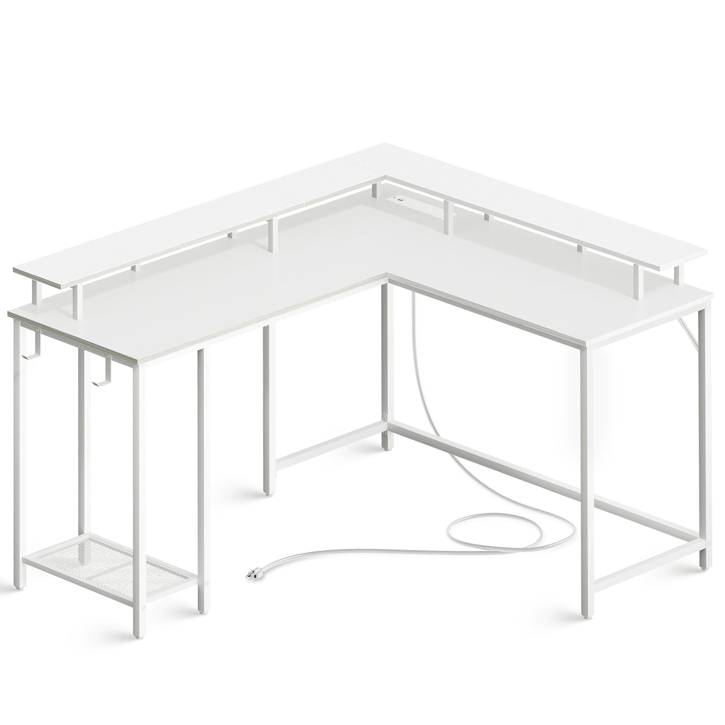 SUPERJARE L Shaped Computer Desk with Power Outlets & LED Lights, Gaming Desk with Monitor Stand & Storage Shelf, Hooks, White