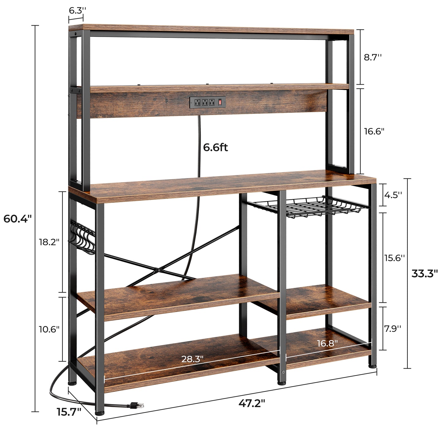 SUPERJARE Bakers Rack with Power Outlet, 47.2 Inches Coffee Bar with 3 Level-Adjustable Open Shelves, Wire Basket, Kitchen Microwave Stand with 6 S-Shaped Hooks, Rustic Brown