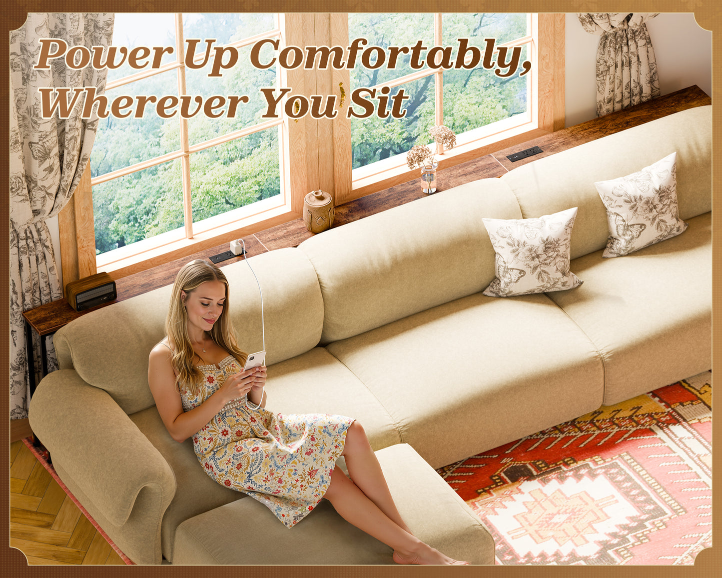 SUPERJARE 110.2 Inch Sofa Table with 2 Power Outlets and USB-C Port, 5.9 Inch Narrow Console Table with Storage, Extra-Long, for Entryway Hallway Couch Behind Sofa, Small Spaces, Rustic Brown