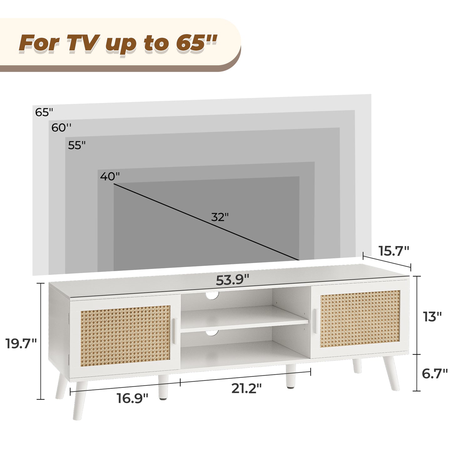 SUPERJARE 55 Inch TV Stand, Entertainment Center with Adjustable Shelf, Rattan TV Console with 2 Cabinets, Media Console, Solid Wood Feet, 4 Cord Holes, for Living Room, White