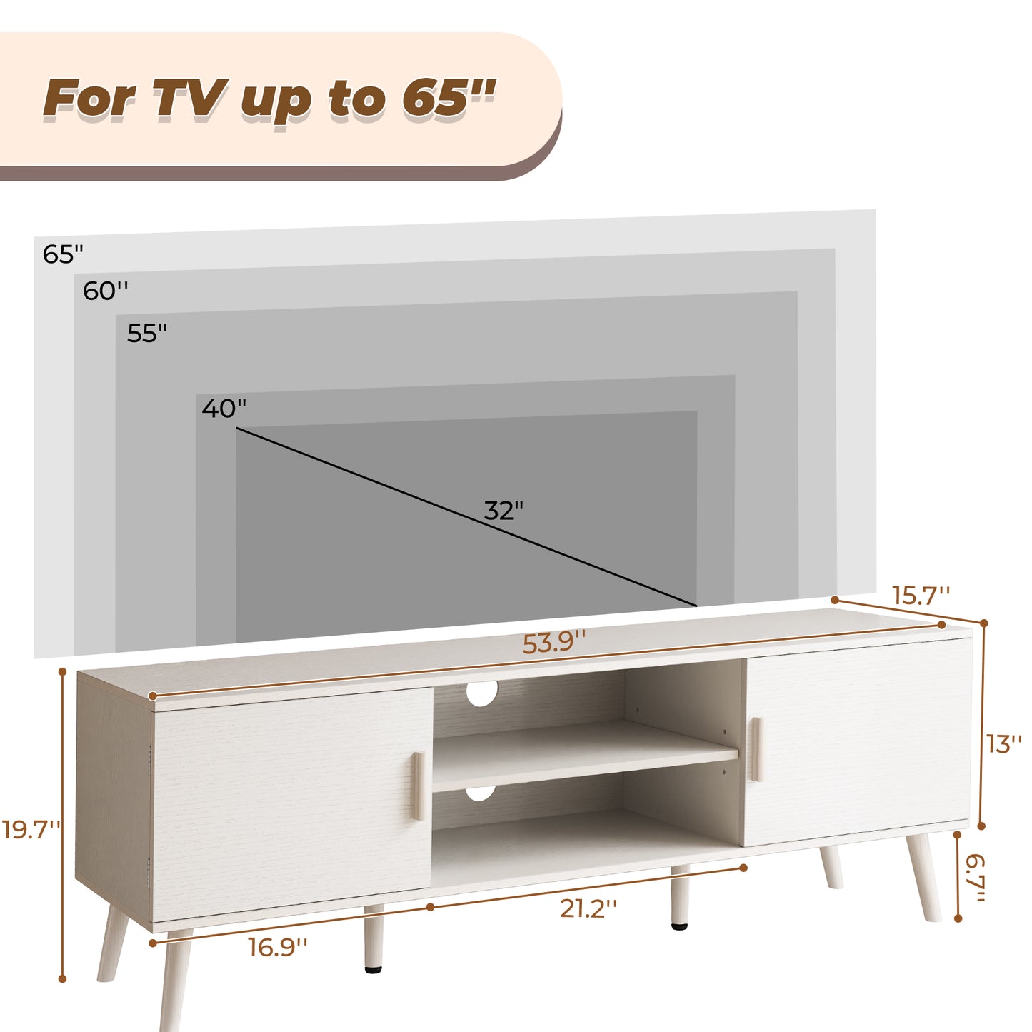 SUPERJARE 65 Inch TV Stand, Entertainment Center with Adjustable Shelf, Rattan TV Console with 2 Cabinets, Media Console, Solid Wood Feet, 4 Cord Holes, for Living Room, White