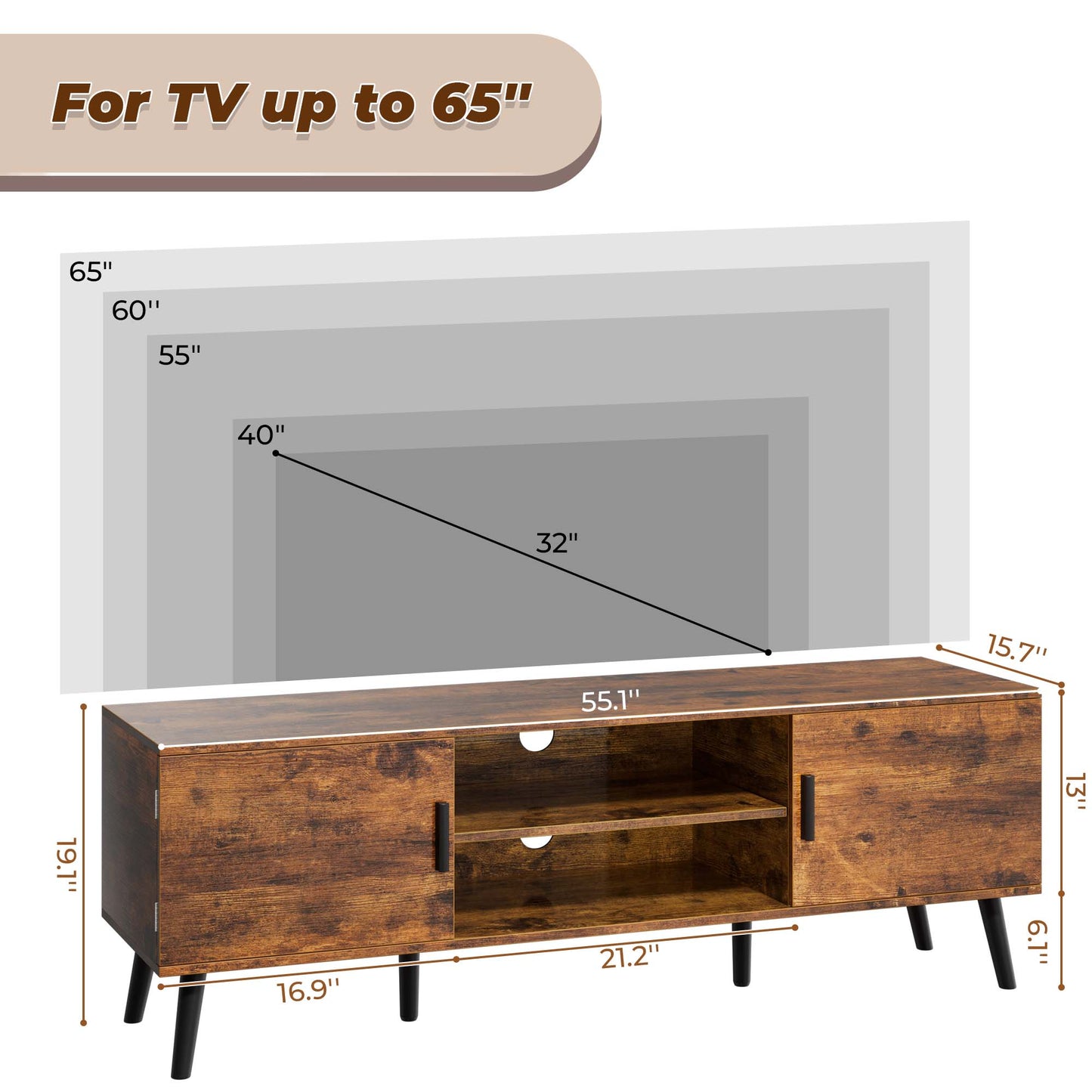 SUPERJARE TV Stand for 55 Inch TV, Entertainment Center with Adjustable Shelf, 2 Cabinets, TV Console Table, Media Console, Solid Wood Feet, Cord Holes, Rustic Brown