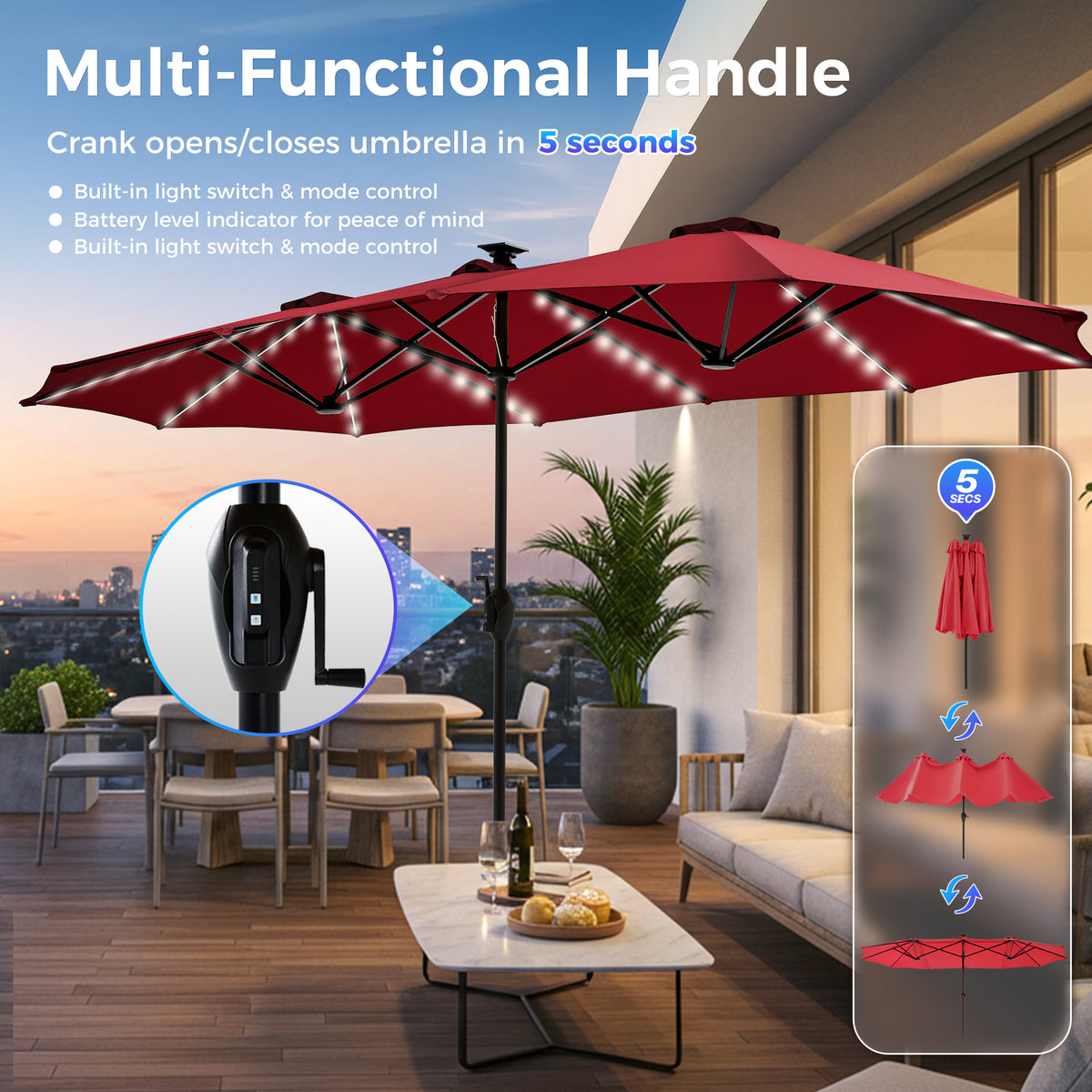 SUPERJARE 13ft Outdoor Patio Umbrella with Solar Lights, Double-sided Deck Pool Umbrella with 1.5 Inch Pole, Fade Resistant Canopy, 12 Sturdy Ribs, for Porch, Market, Backyard, Burgundy(No Base)