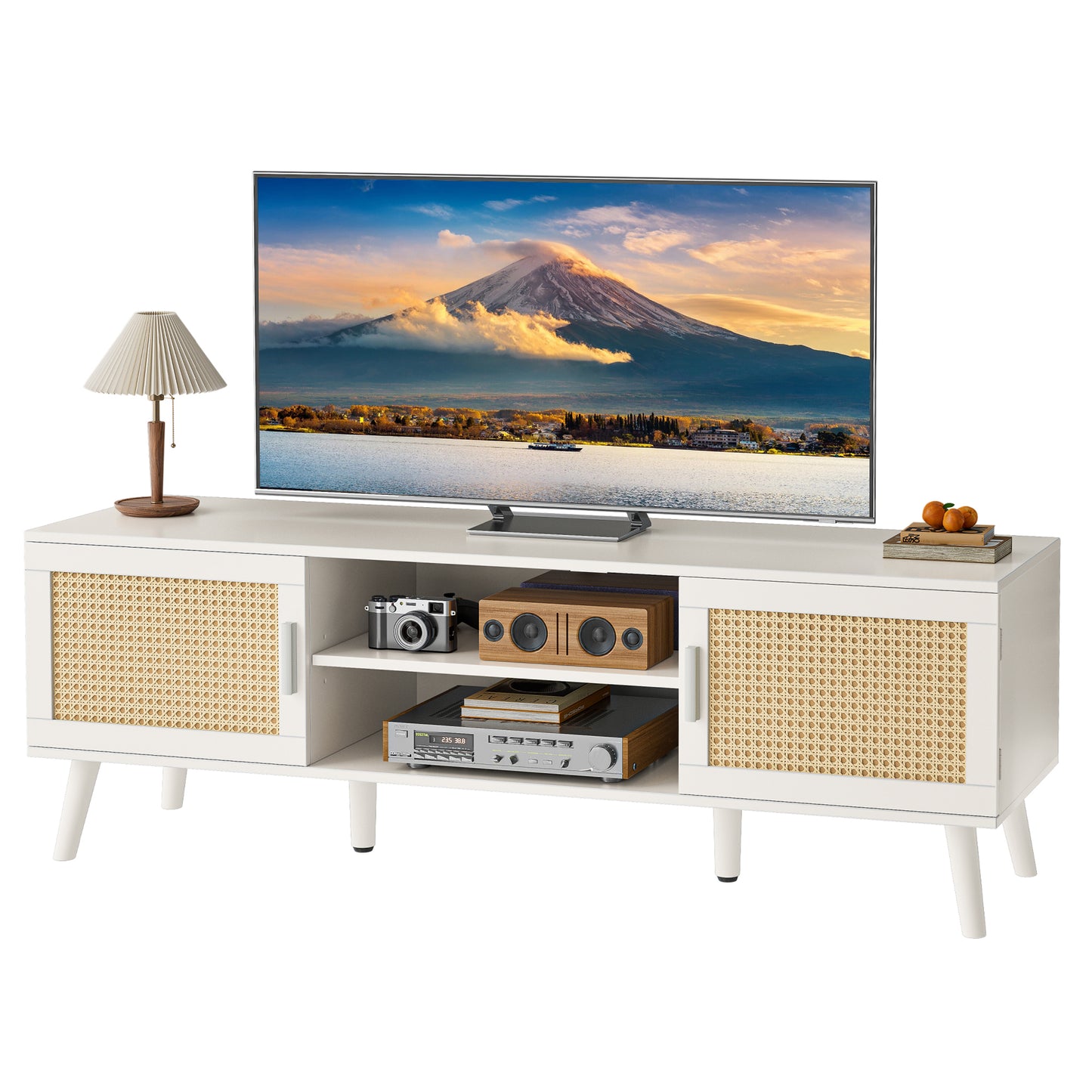 SUPERJARE 55 Inch TV Stand, Entertainment Center with Adjustable Shelf, Rattan TV Console with 2 Cabinets, Media Console, Solid Wood Feet, 4 Cord Holes, for Living Room, White