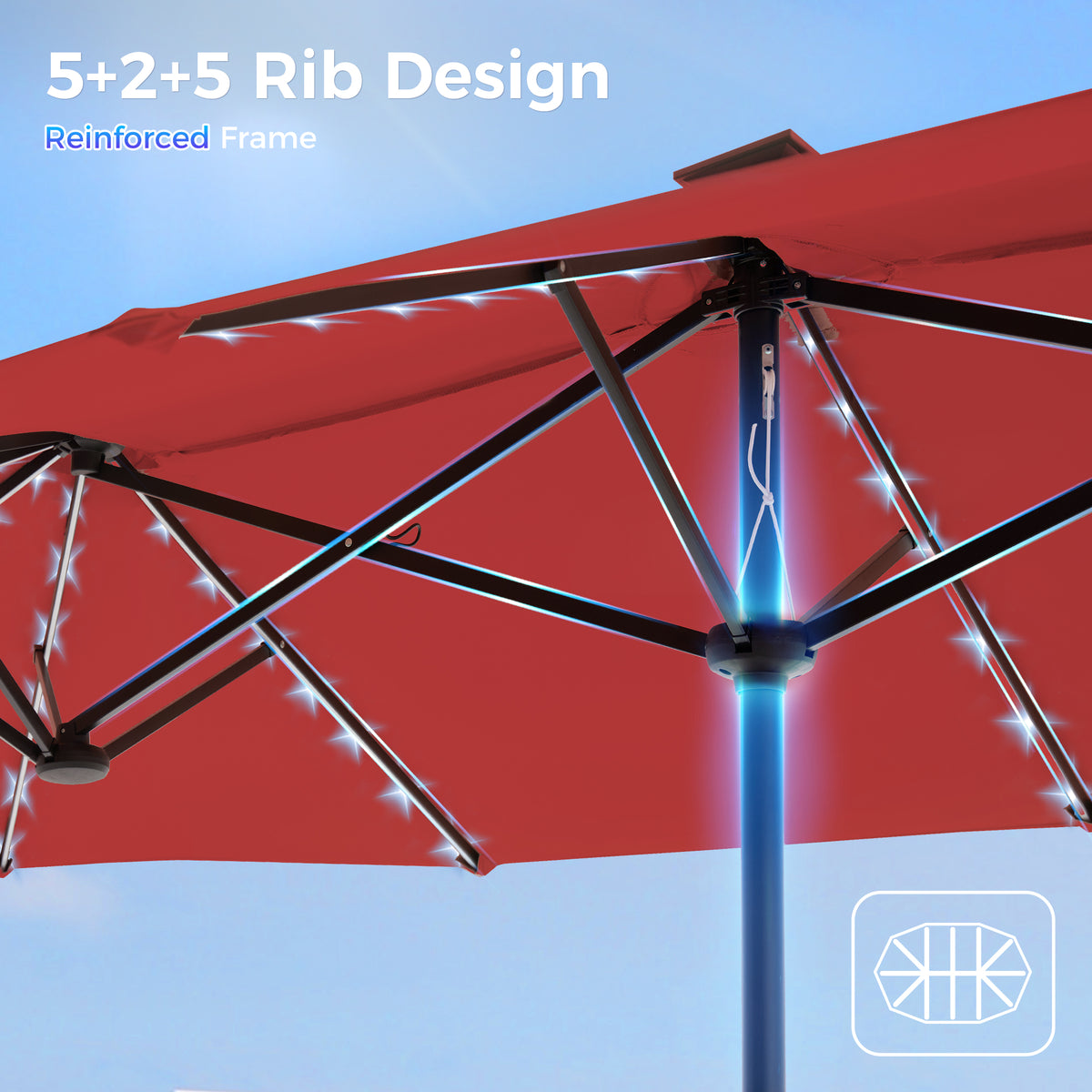SUPERJARE 13ft Outdoor Patio Umbrella with Solar Lights, Double-sided Deck Pool Umbrella with 1.5 Inch Pole, Fade Resistant Canopy, 12 Sturdy Ribs, for Porch, Market, Backyard, Burgundy(No Base)
