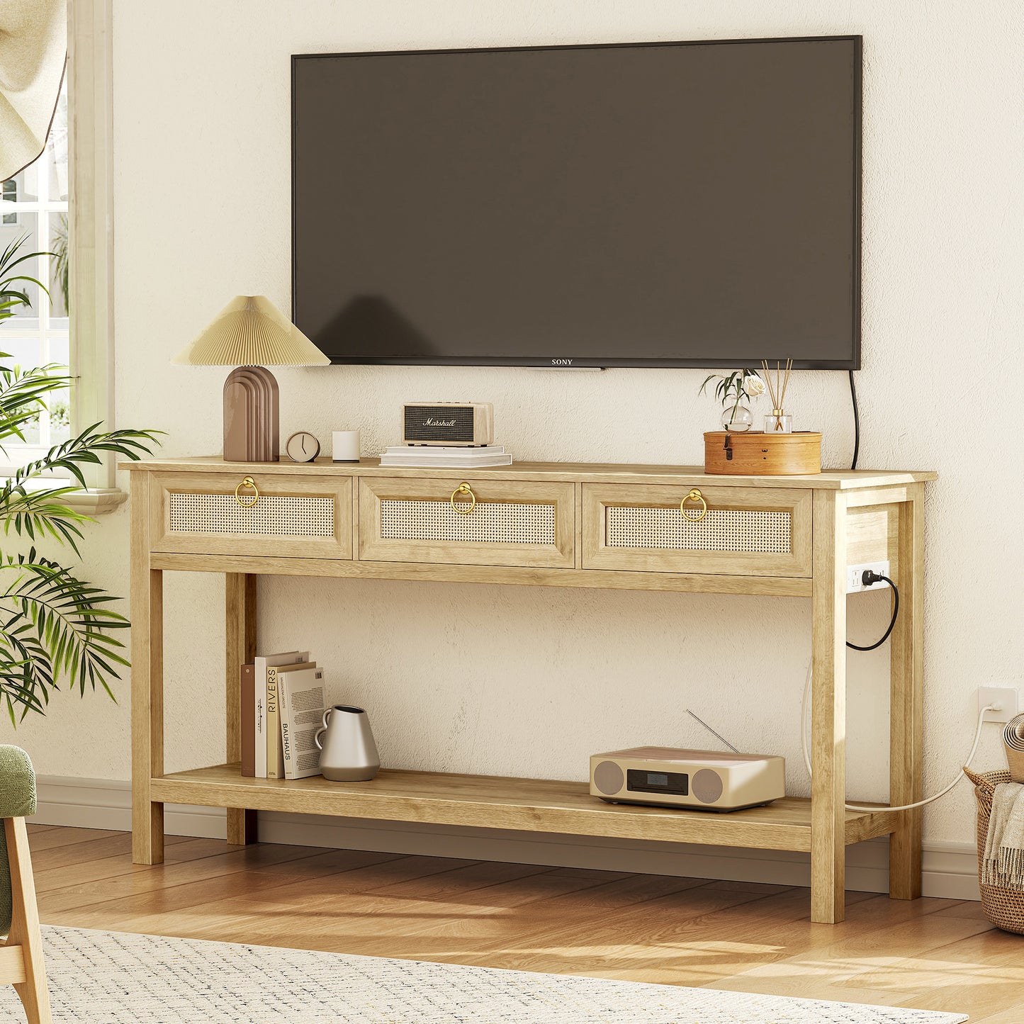 SUPERJARE Rattan Console Sofa Table with Outlets and USB-C Port, 3 Drawer Entryway Table with Synthetic Rattan Surface, 53.9 Inch, Open Shelf, Behind Couch Entry Foyer Hallway Storage, Natural