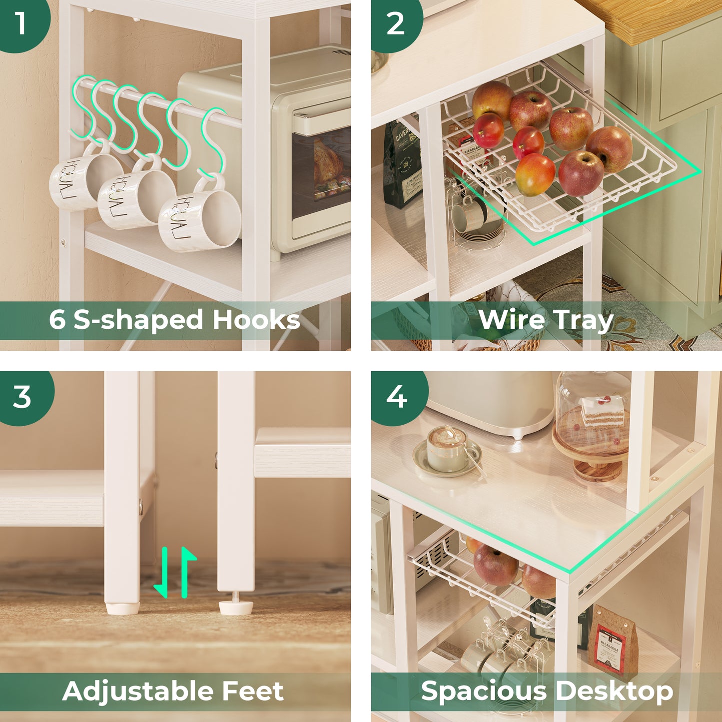 SUPERJARE Bakers Rack with Power Outlet, 35.4 Inches Coffee Bar with Wire Basket, Kitchen Microwave Stand with 6 S-Shaped Hooks, Open Storage Shelves, White