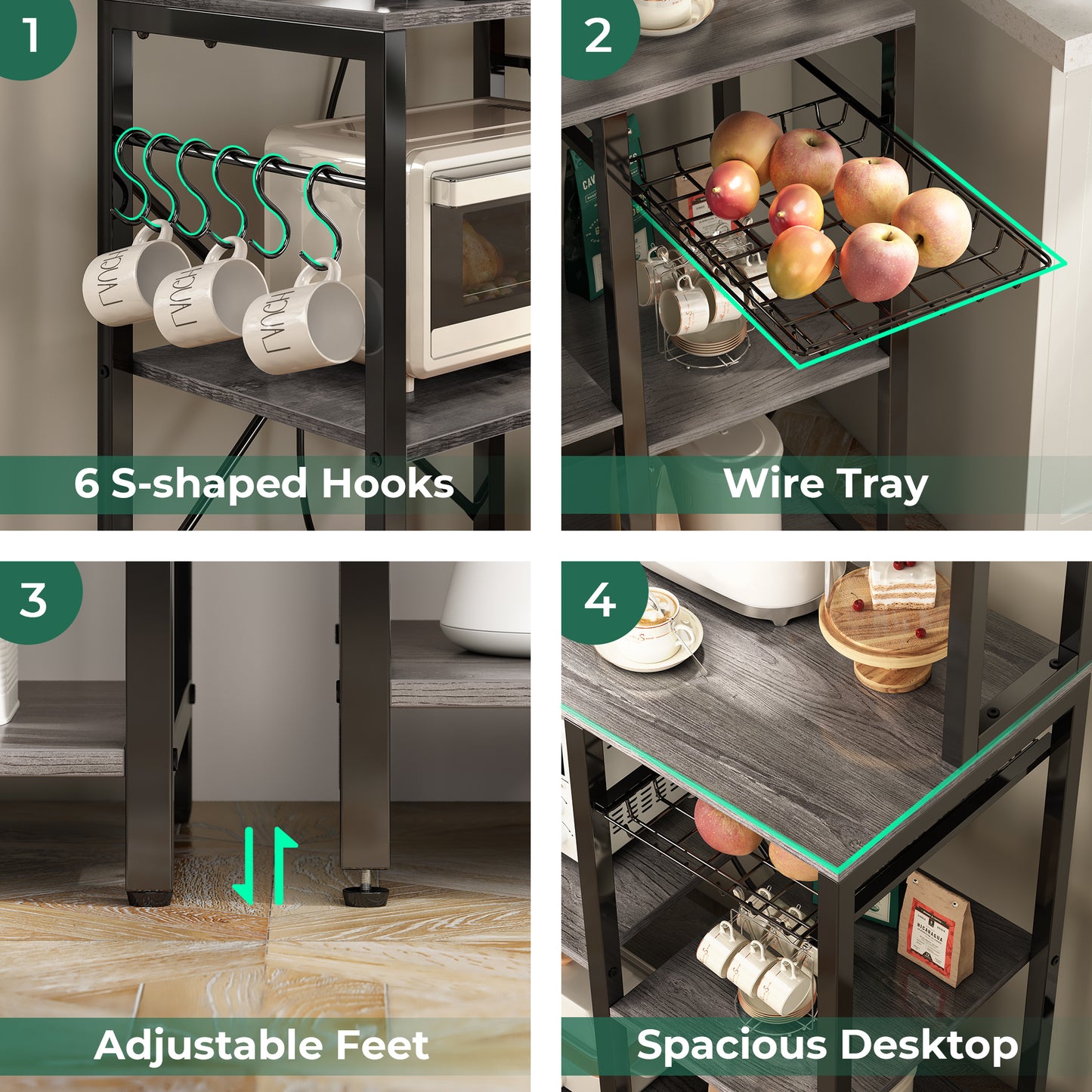 SUPERJARE Bakers Rack with Power Outlet, 35.4 Inches Coffee Bar with Wire Basket, Kitchen Microwave Stand with 6 S-Shaped Hooks, Open Storage Shelves, Gray