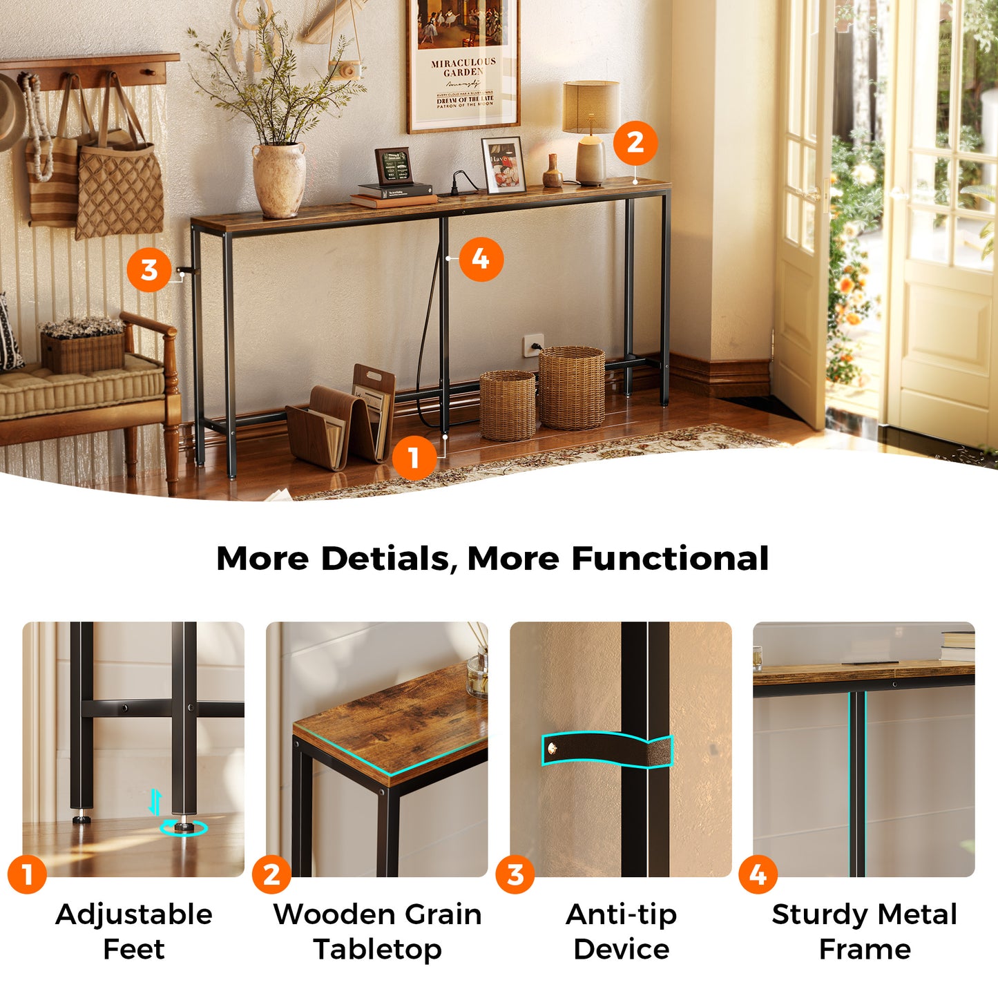 SUPERJARE 70 Inch Console Table with Outlet, Sofa Table with Charging Station, Narrow Entryway Table, Skinny Hallway Table, Behind Couch Table, for Living Room, Rustic Brown