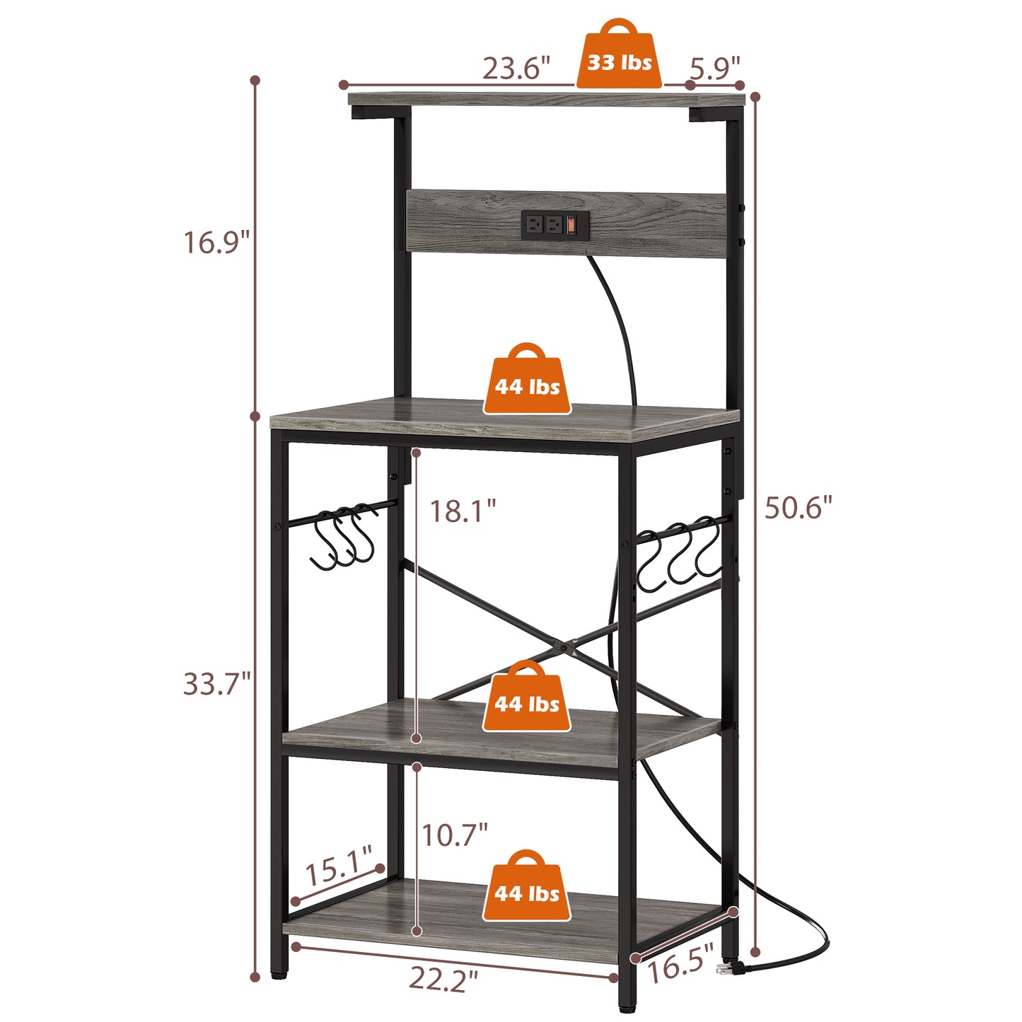 SUPERJARE Kitchen Bakers Rack with Power Outlet, Coffee Bar Table 4 Tiers, 6 S-shaped Hooks, Kitchen Storage Shelf Rack, Gray