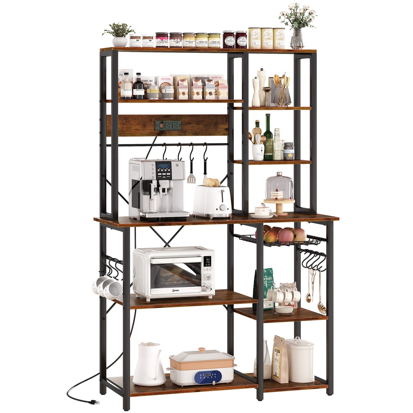 SUPERJARE Large Bakers Rack with Power Outlets, 6-Tier Coffee Bar with 12 S-Shaped Hooks, Wire Basket - Rustic Brown 80923ZC