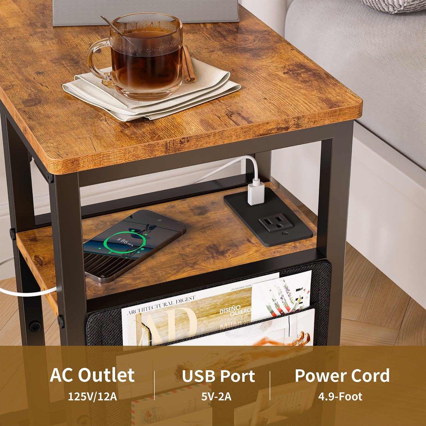 SUPERJARE C Shaped End Table with Charging Station, Side Table with Storage Bag, Couch Table, C Table with USB Port and Outlet, for Living Room, Bed Room, Rustic Brown