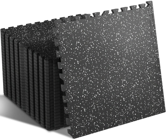 SUPERJARE 0.4'' Thick 24 Pcs 96 Sq Ft Rubber Top Exercise Equipment Mats High Density EVA Foam Mats with Rubber Top, Interlocking Gym Flooring for Home Gym, Protective Workout Mat, Black/Grey