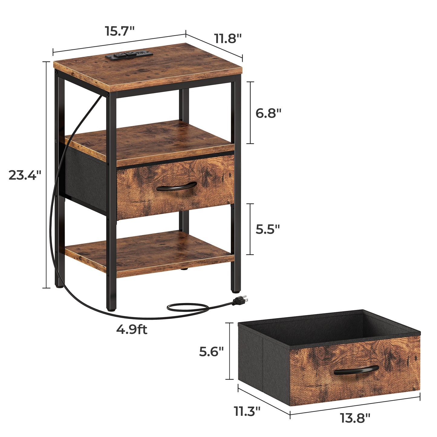 SUPERJARE Nightstand with Charging Station, Bed Side Table with Adjustable Fabric Drawer, Night Stand for Bedroom, 3-Tier Storage End Table, for Living Room, Rustic Brown