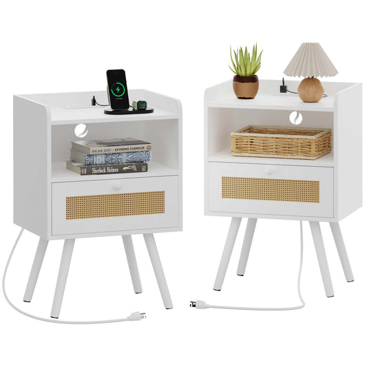 SUPERJARE Nightstands with Charging Station, Bedside Table Set of 2 with PE Rattan Drawers, Rattan Side Table with Storage & Solid Wood Feet, White
