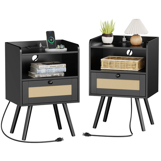 SUPERJARE Nightstands with Charging Station, Bedside Table Set of 2 with PE Rattan Drawers, Rattan Side Table with Storage & Solid Wood Feet, Black