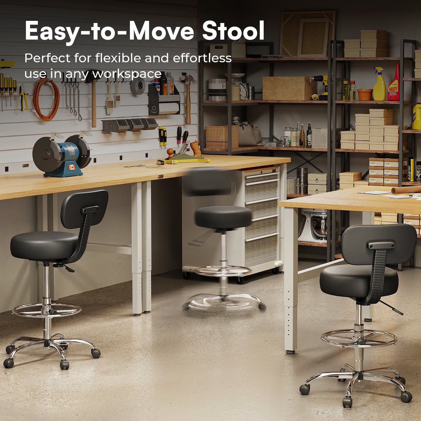 SUPERJARE Drafting Chair with Back, Adjustable Foot Rest Rolling Stool, Multi-Purpose Office Desk Chair, Thick Seat Cushion for Home Bar Kitchen Shop - Black