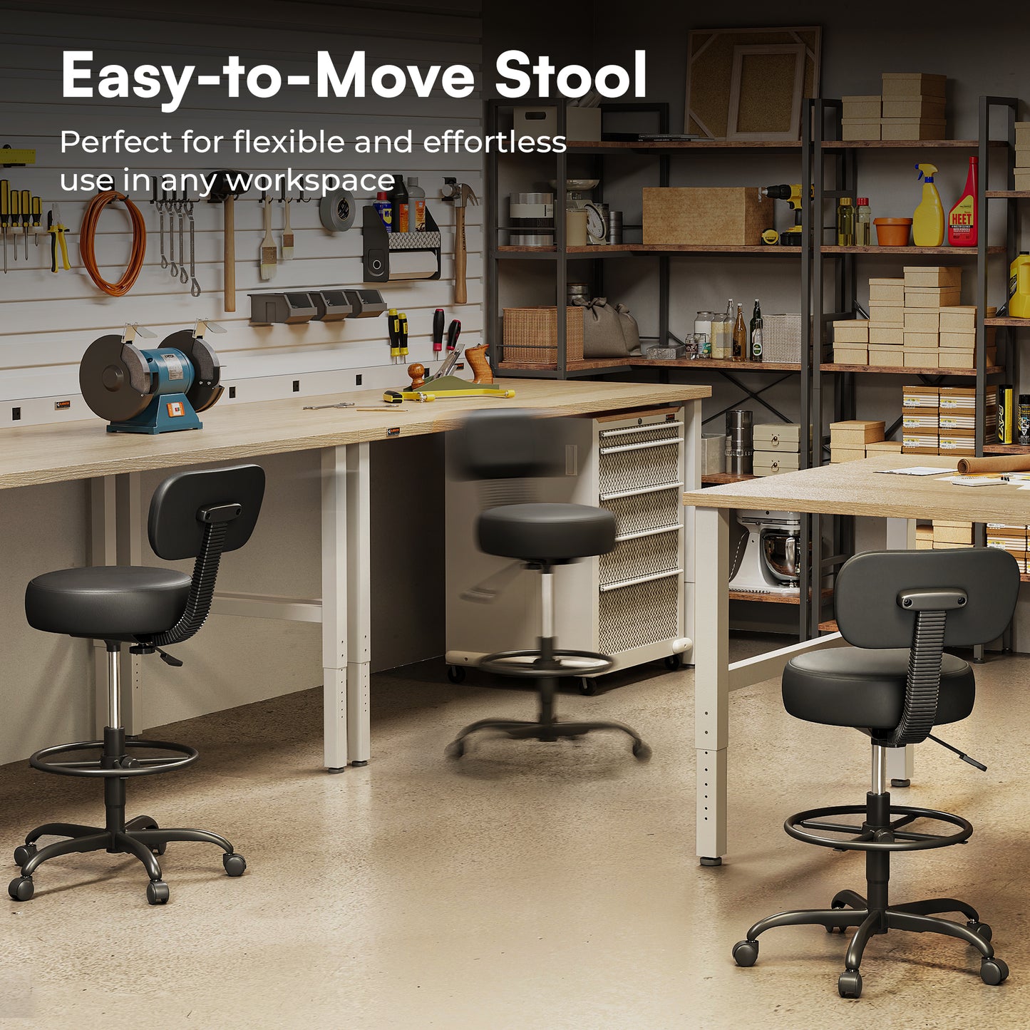 SUPERJARE Drafting Chair with Back, Adjustable Foot Rest Rolling Stool, Multi-Purpose Office Desk Chair, Thick Seat Cushion for Home Bar Kitchen Shop - All Black