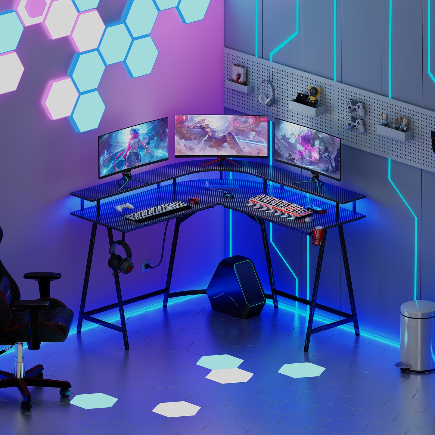 SUPERJARE L Shaped Gaming Desk with Power Outlets & LED Lights, Carbon Fiber Surface, Computer Desk with Monitor Stand, Home Office Desk Corner Desk with Cup Holder & Hooks, Black
