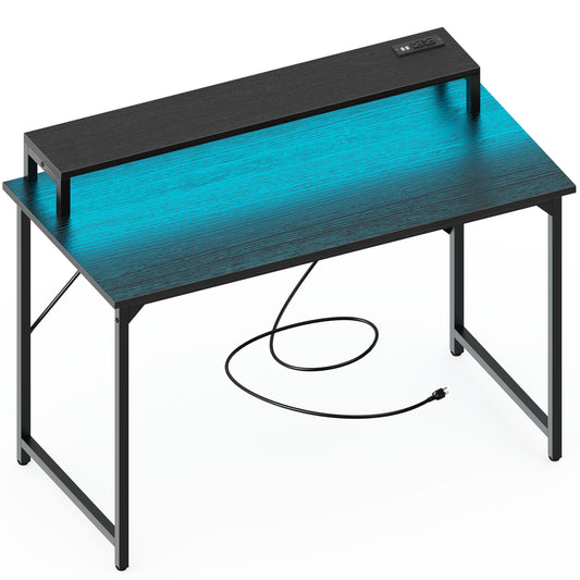 SUPERJARE 47 inch Computer Desk with LED Lights & Power Outlets, Monitor Shelf, Black, 7910BC