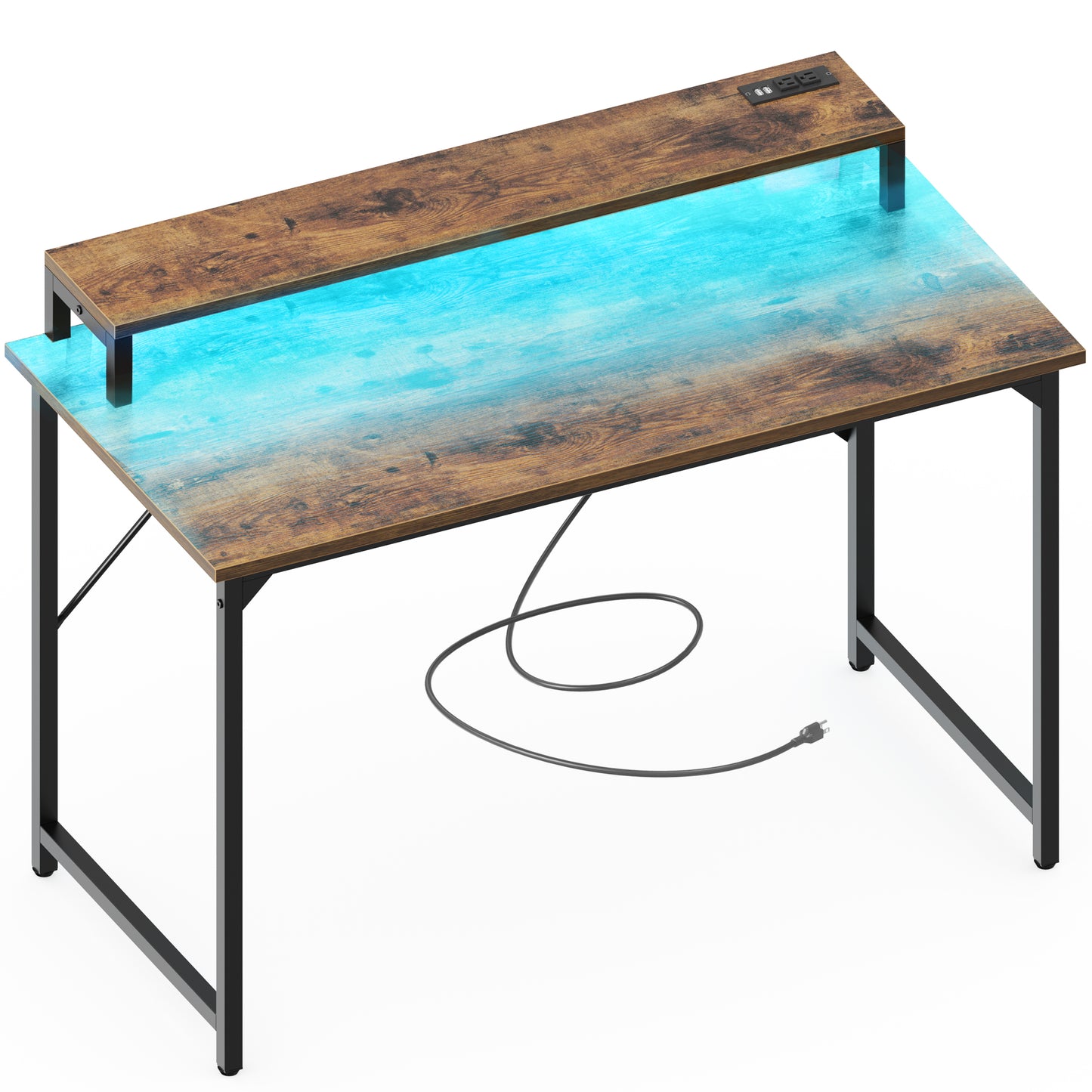 SUPERJARE 47 inch Computer Desk with LED Lights & Power Outlets, Rustic Brown, 7910FC