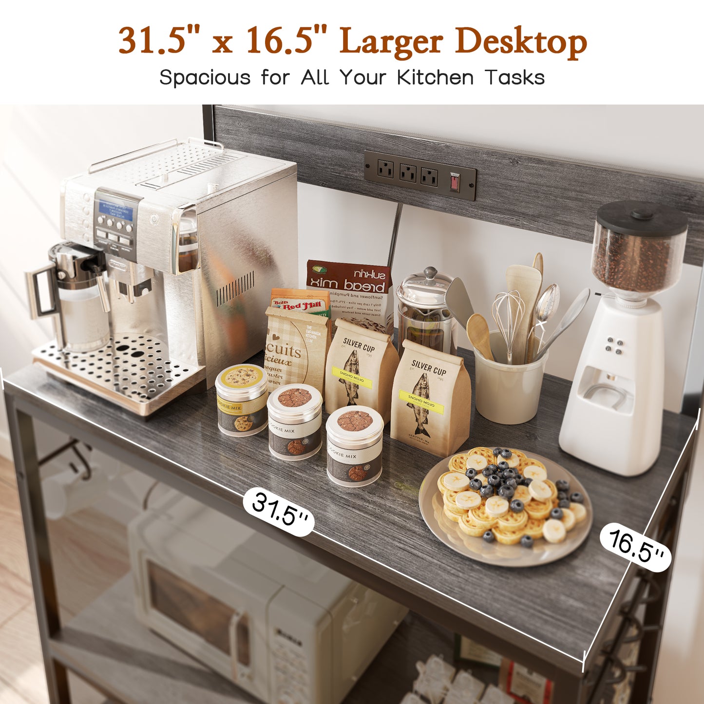 SUPERJARE Bakers Rack with Power Outlets, Microwave Stand, 31.5 X 16.5 Inch Larger Desktop, Kitchen Storage Rack with Adjustable Middle Shelf, 6 S-Shaped Hooks, Coffee Bar Stand, Grey