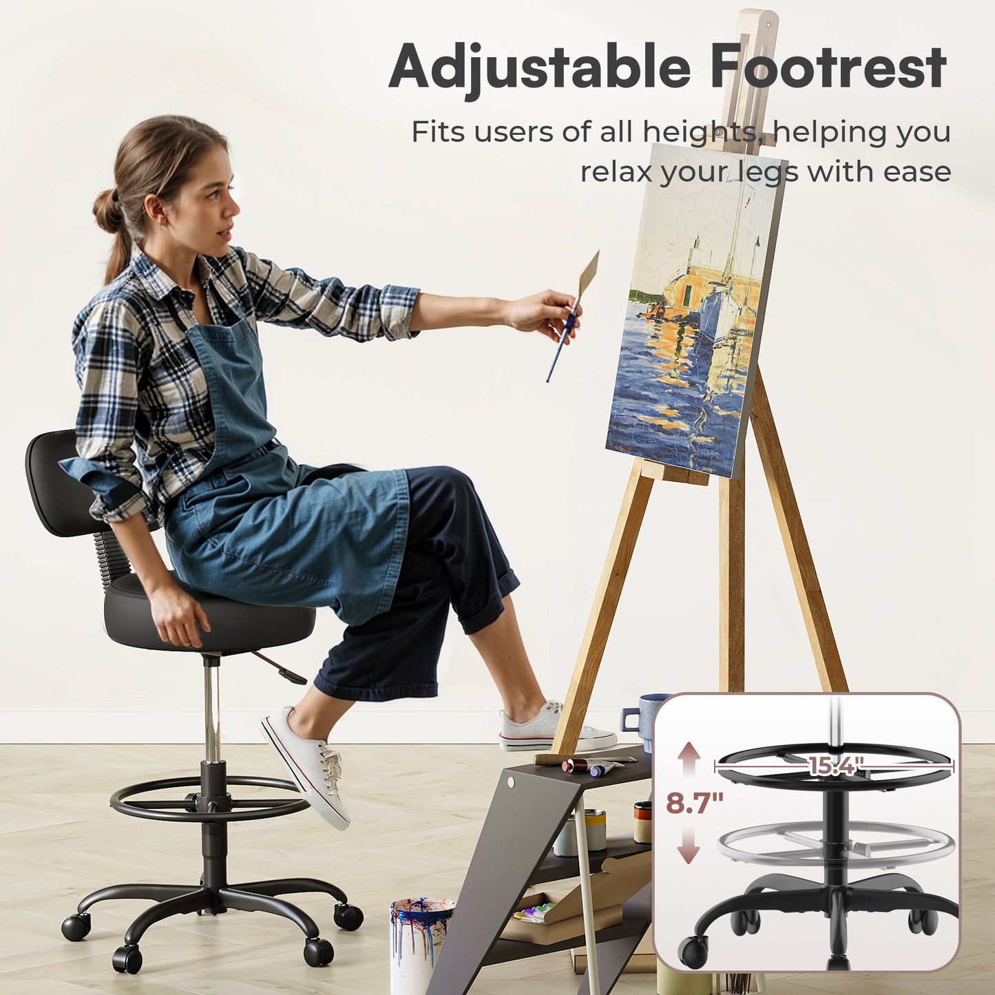 SUPERJARE Drafting Chair with Back, Adjustable Foot Rest Rolling Stool, Multi-Purpose Office Desk Chair, Thick Seat Cushion for Home Bar Kitchen Shop - All Black