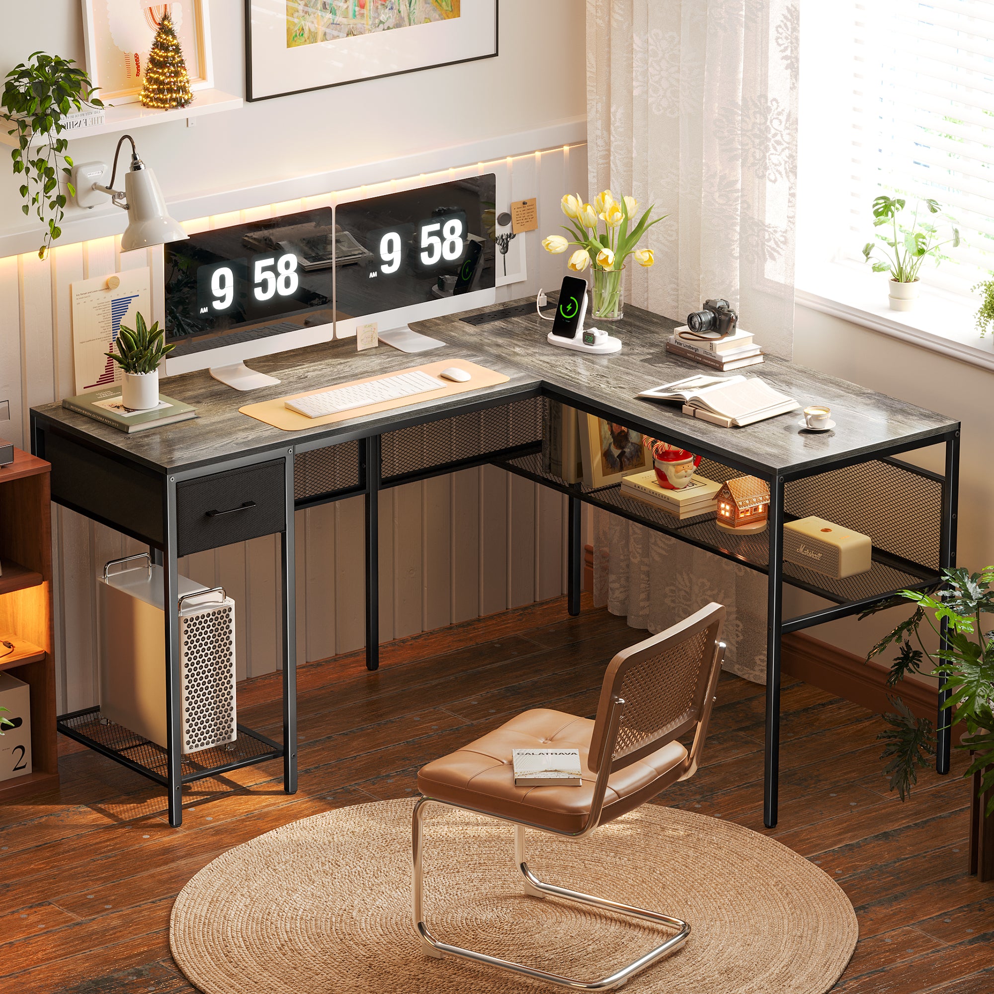 Supercomputer Desk SUPERJARE L Shaped Desk with Power Outlets, Computer Desk with Drawer,