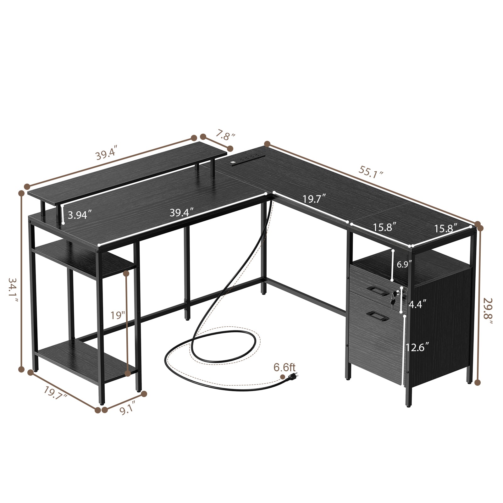 Supercomputer Desk SUPERJARE Reversible Computer Desk with Power Outlets & File Cabinet,
