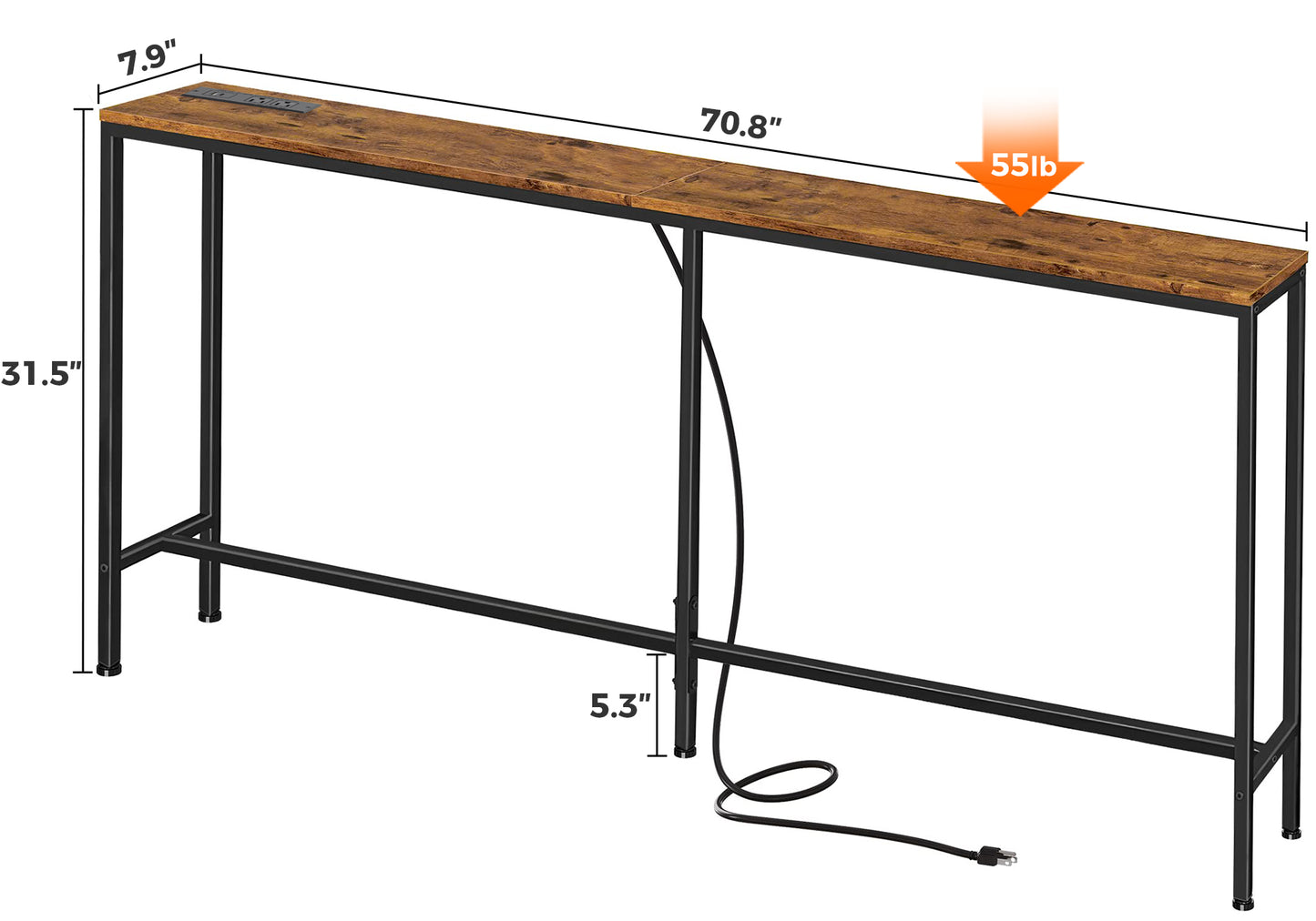 SUPERJARE 70 Inch Console Table with Outlet, Sofa Table with Charging Station, Narrow Entryway Table, Skinny Hallway Table, Behind Couch Table, for Living Room, Rustic Brown