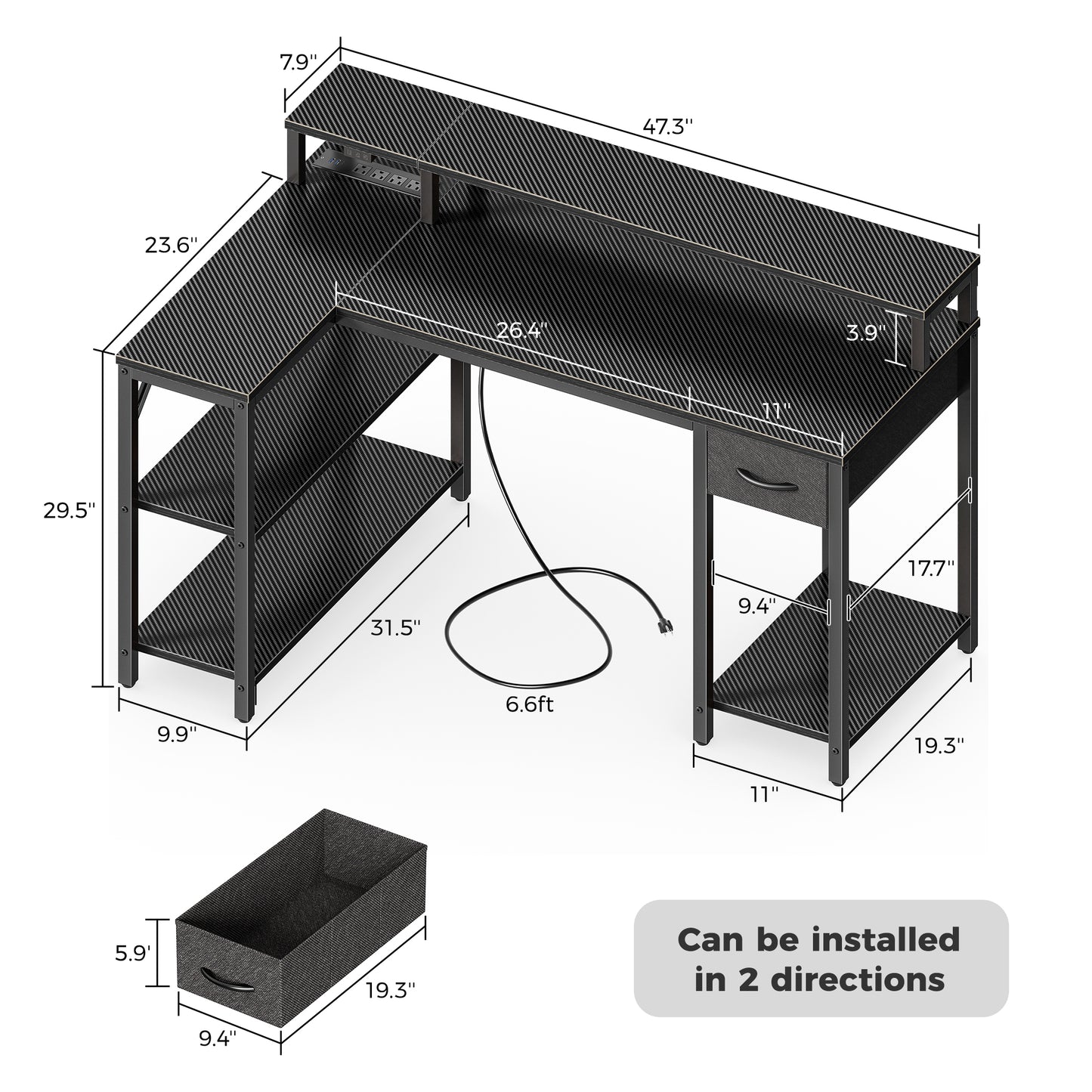 SUPERJARE 47 inch Reversible L Shaped Desk with LED Lights & Power Outlets, Computer Desk with Shelves & Monitor Stand, Gaming Desk with Drawer, Home Office Desk Corner Desk, Carbon Fiber Black