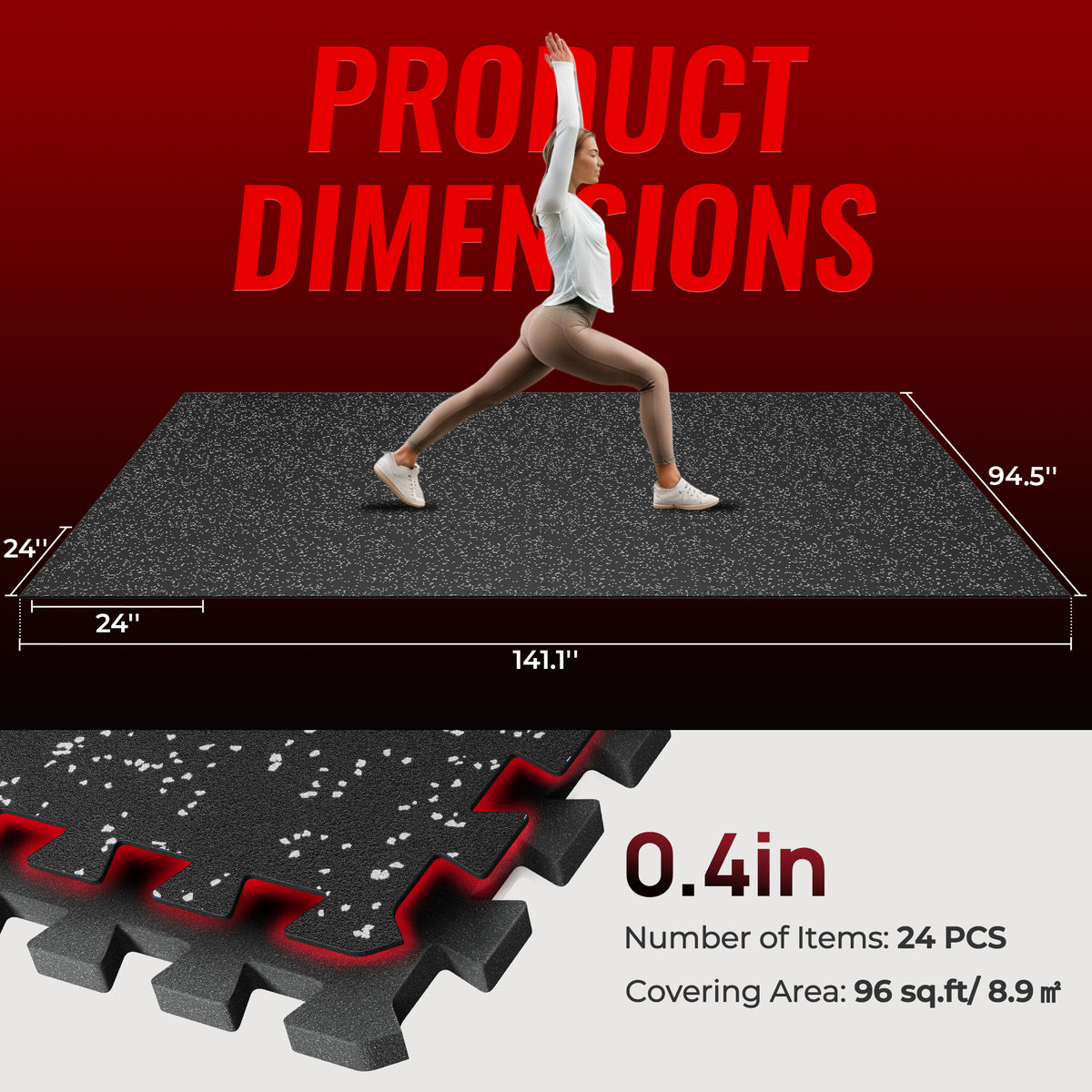 SUPERJARE 0.4'' Thick 24 Pcs 96 Sq Ft Rubber Top Exercise Equipment Mats High Density EVA Foam Mats with Rubber Top, Interlocking Gym Flooring for Home Gym, Protective Workout Mat, Black/Grey