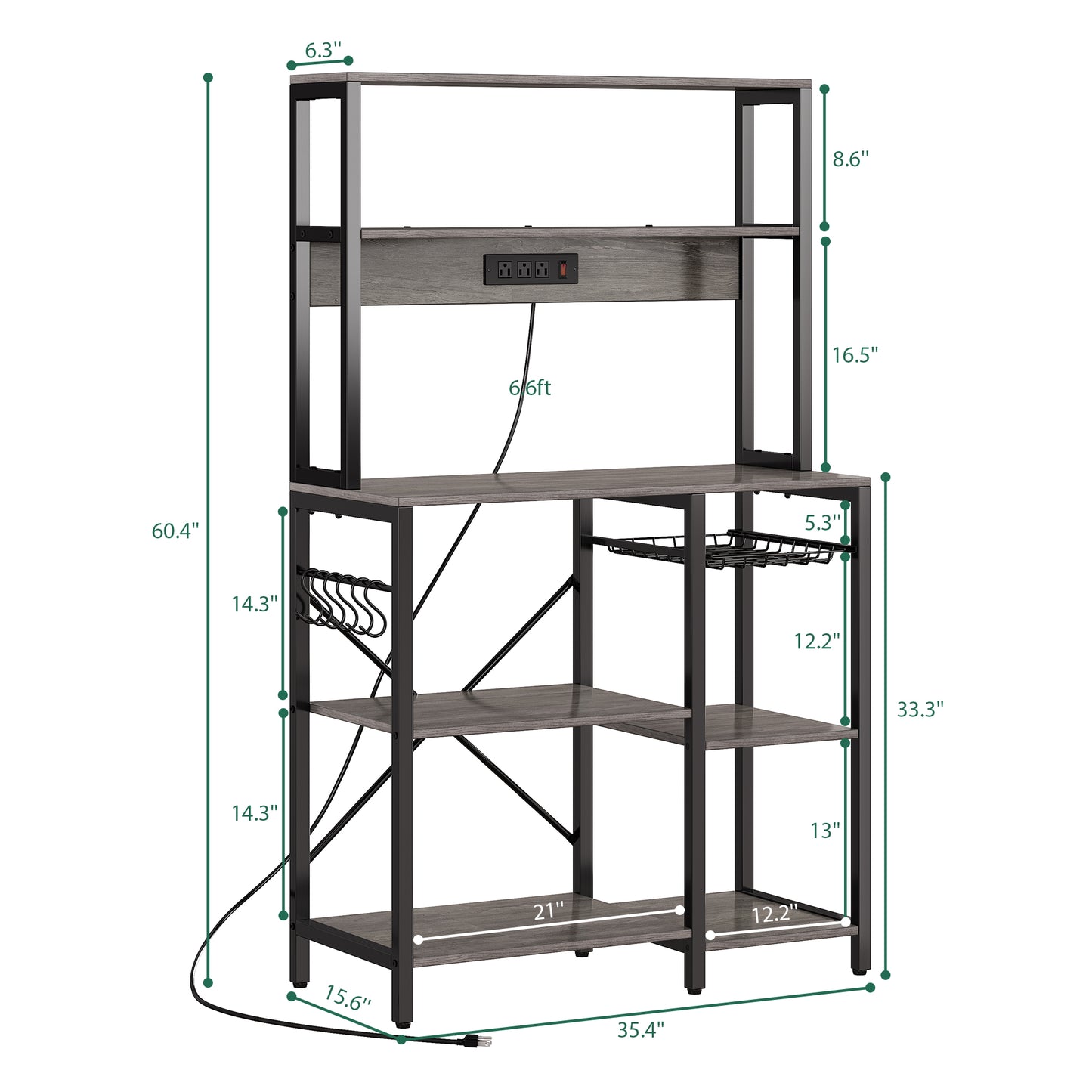 SUPERJARE Bakers Rack with Power Outlet, 35.4 Inches Coffee Bar with Wire Basket, Kitchen Microwave Stand with 6 S-Shaped Hooks, Open Storage Shelves, Gray