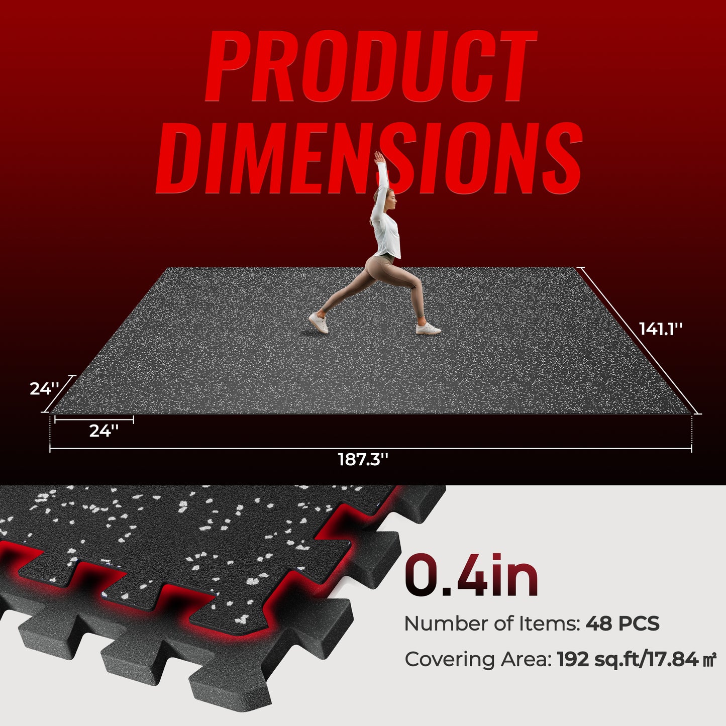 SUPERJARE 0.4'' Thick 48 Pcs 192 Sq Ft Rubber Top Exercise Equipment Mats, High Density EVA Foam Mats with Rubber Top, Interlocking Gym Flooring for Home Gym, Protective Workout Mat, Black/Grey