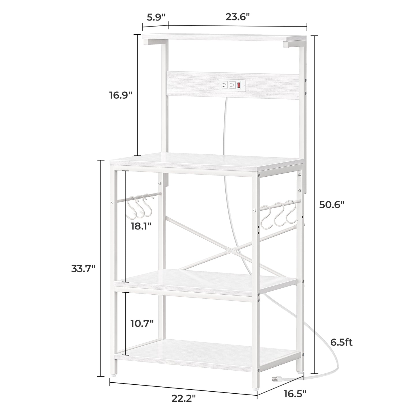 SUPERJARE Kitchen Bakers Rack with Power Outlet, Coffee Bar Table 4 Tiers, Kitchen Microwave Stand with 6 S-Shaped Hooks, Kitchen Storage Shelf Rack for Spices, Pots and Pans - White