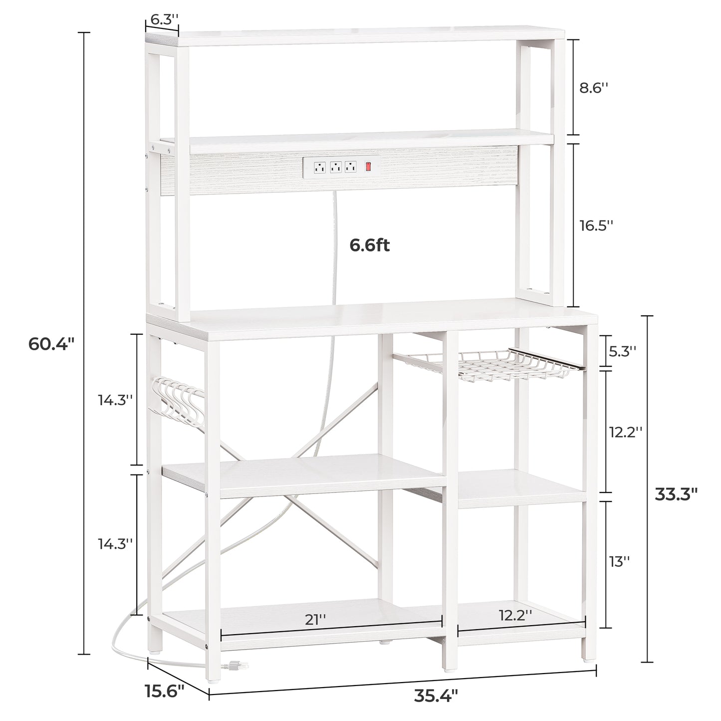 SUPERJARE Bakers Rack with Power Outlet, 35.4 Inches Coffee Bar with Wire Basket, Kitchen Microwave Stand with 6 S-Shaped Hooks, Open Storage Shelves, White