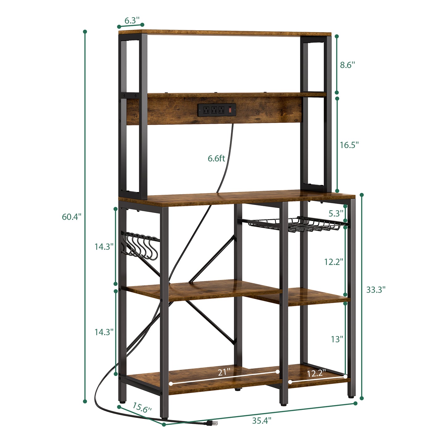 SUPERJARE Bakers Rack with Power Outlet, 35.4 Inches Coffee Bar with Wire Basket, Kitchen Microwave Stand with 6 S-Shaped Hooks, Open Storage Shelves, Rustic Brown