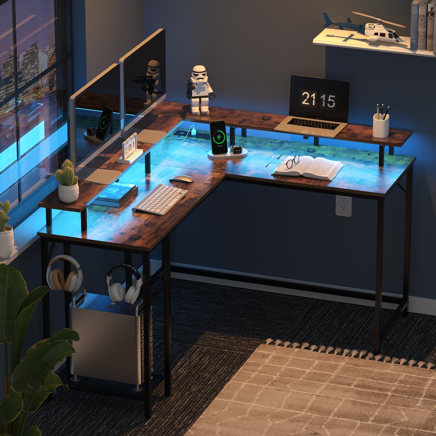 SUPERJARE L Shaped Gaming Desk with Power Outlets & LED Lights, 7933ZC
