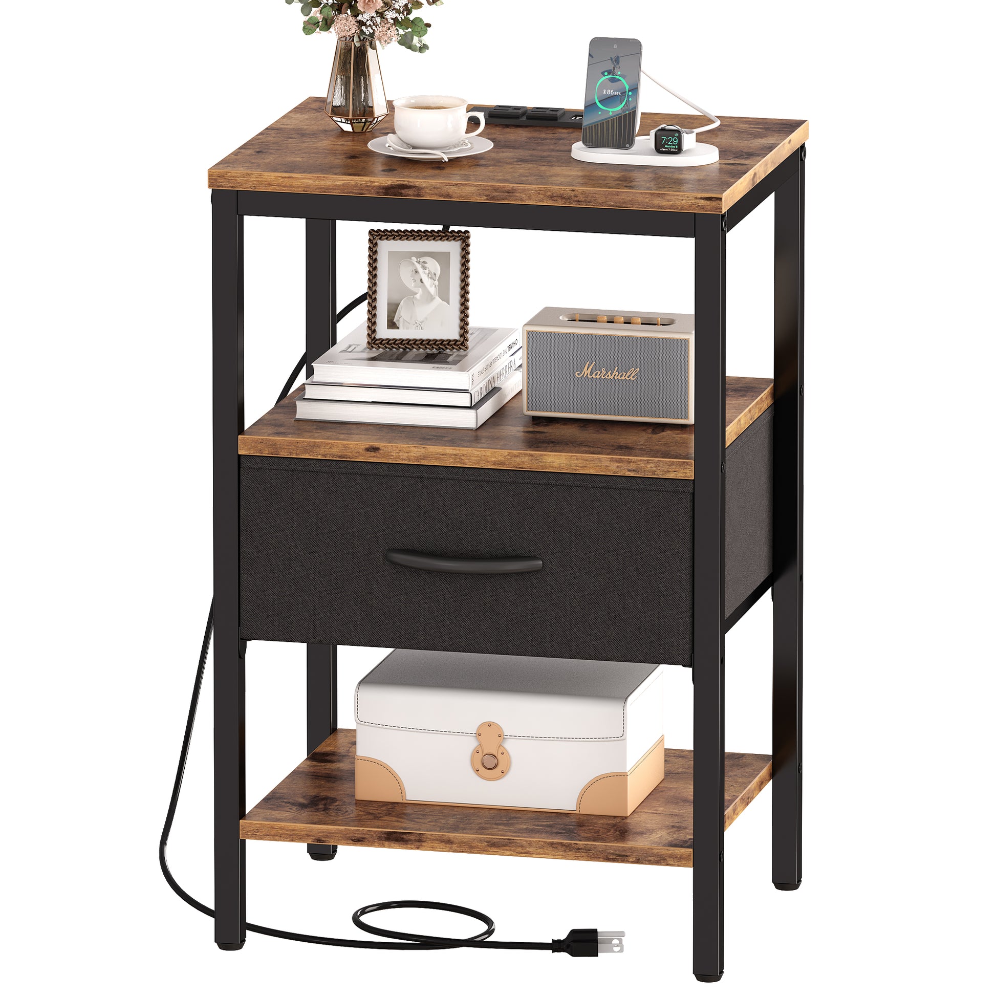 SUPERJARE Nightstand with Charging Station, Bed Side Table with Adjust