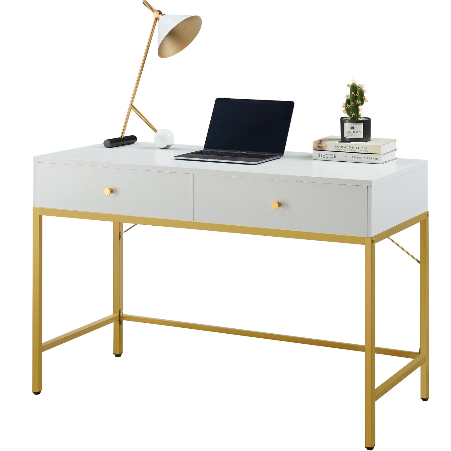 SUPERJARE Computer Desk with 2 Drawers, White and Gold - 7923G