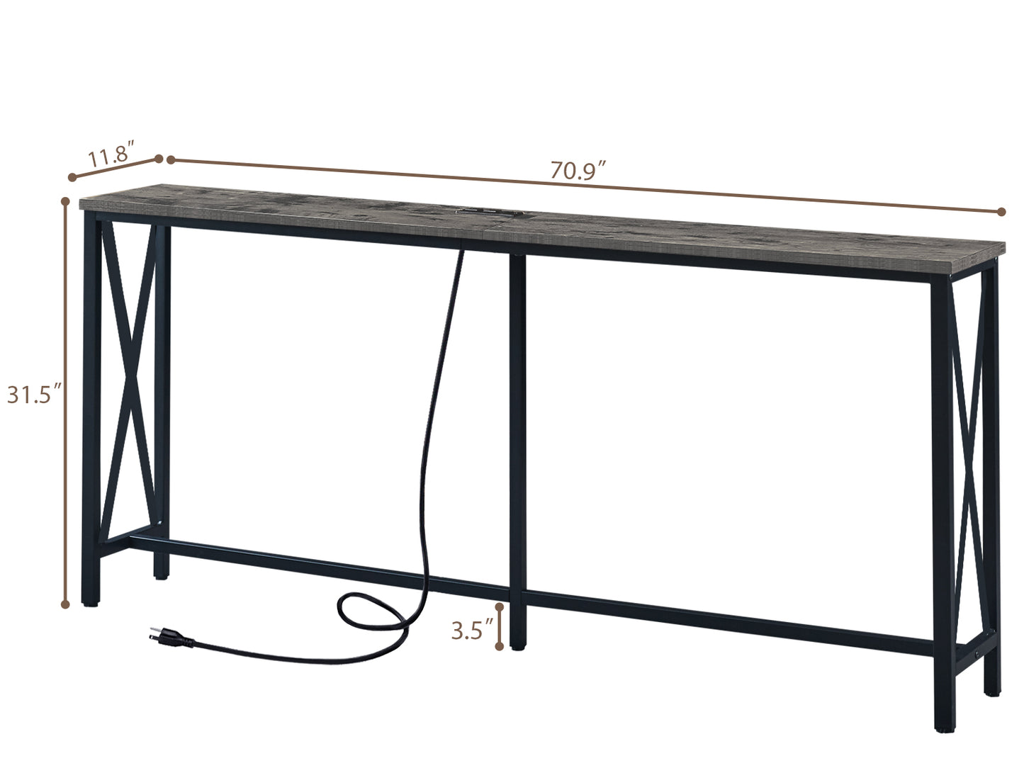 SUPERJARE 70 Inch Console Table with 2 Outlets and 2 USB Ports, Extra Long Entryway Table with Metal Frame and X-Shaped Design, -Gray, 7922HC