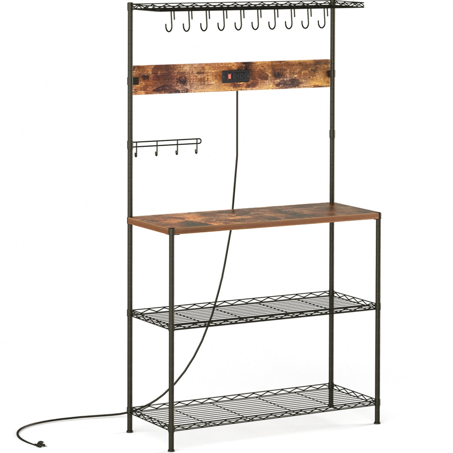SUPERJARE Bakers Rack with Power Outlets, Height Adjustable, 4-tier, 10 S-shaped Hooks, 360° Hanging Strip, Coffee Bar Station - Rustic Brown 80924ZC