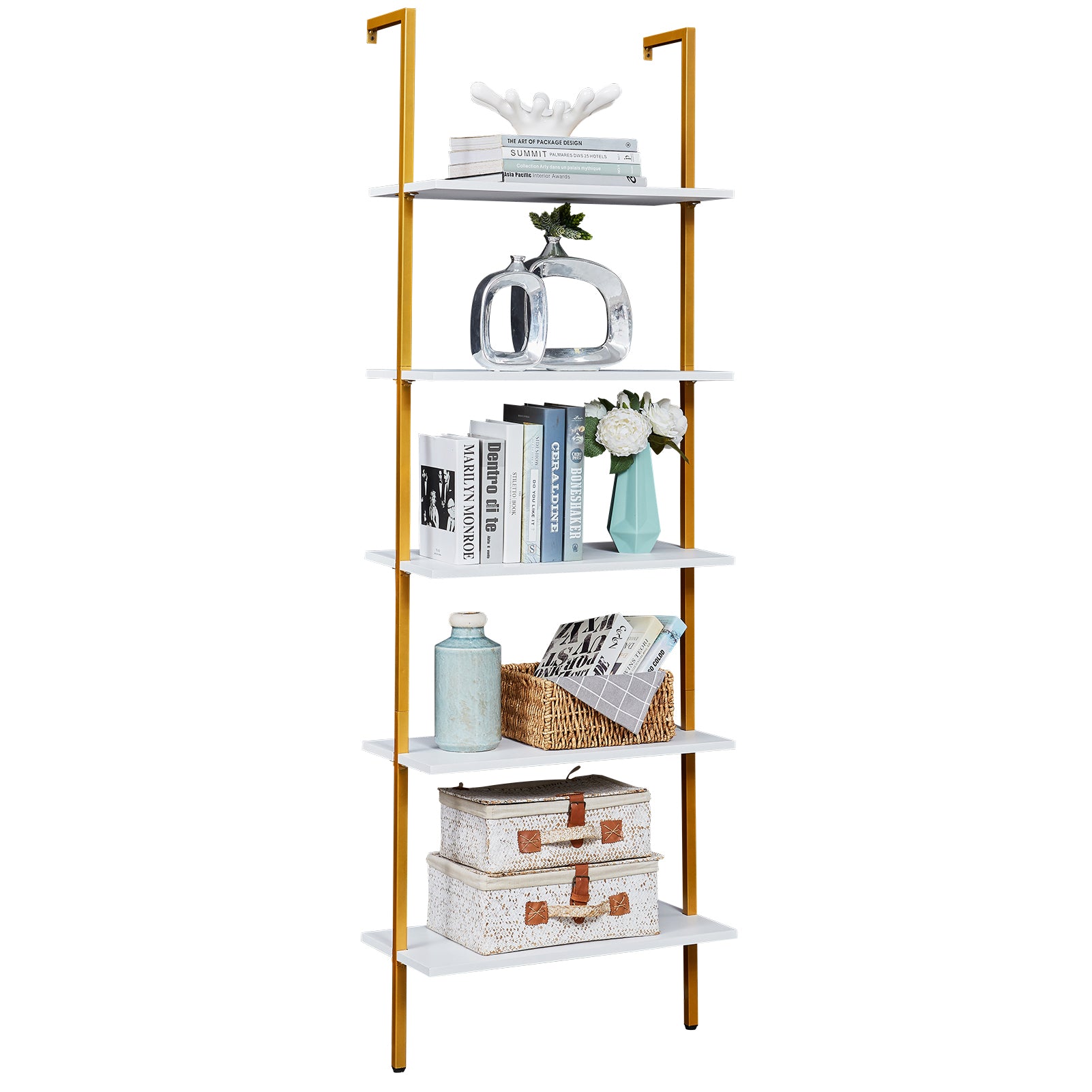 SUPERJARE 5-Tier Ladder Shelf, White/Gold - 80908G